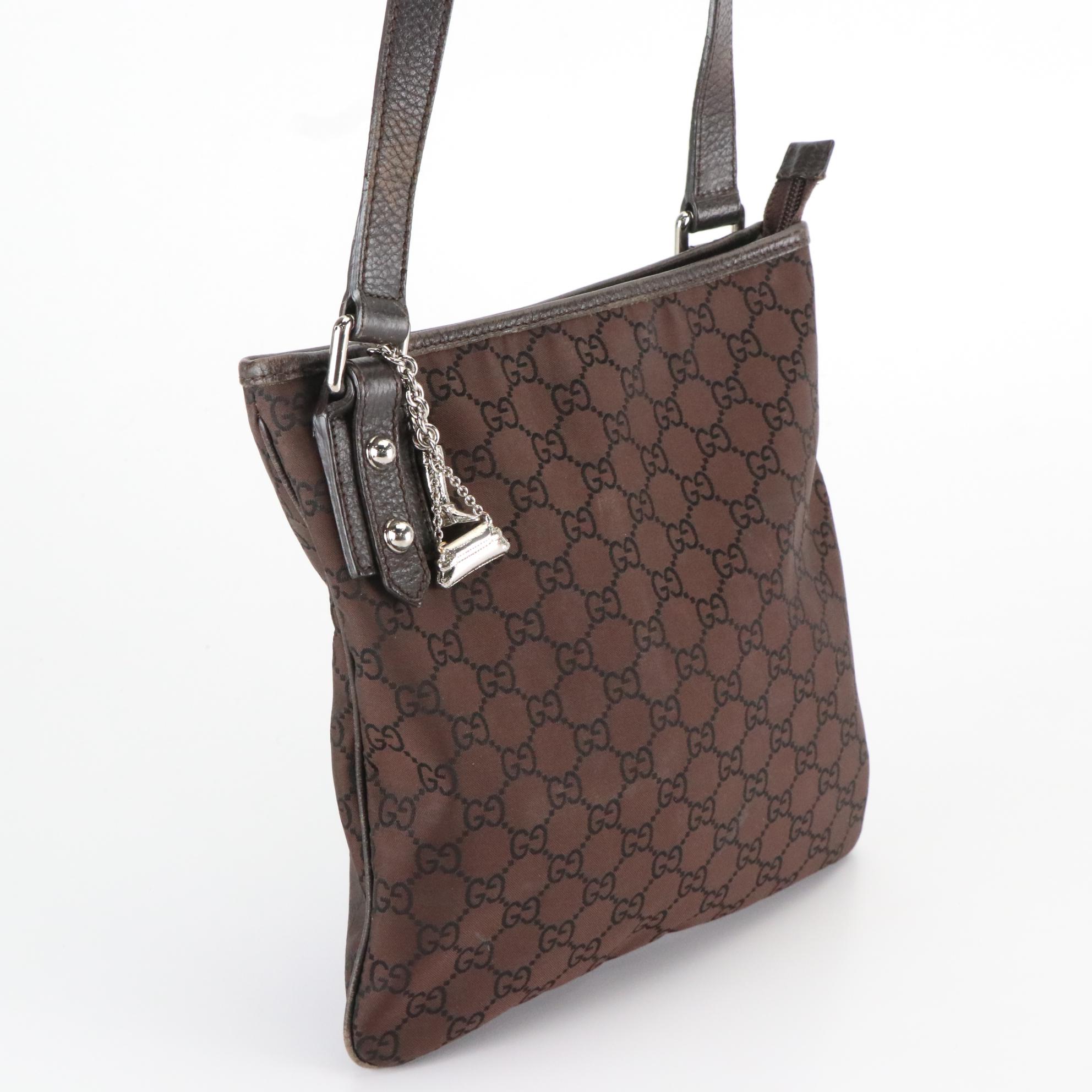 Gucci Brown GG Canvas and Grain Leather Crossbody Bag with Bag Charm