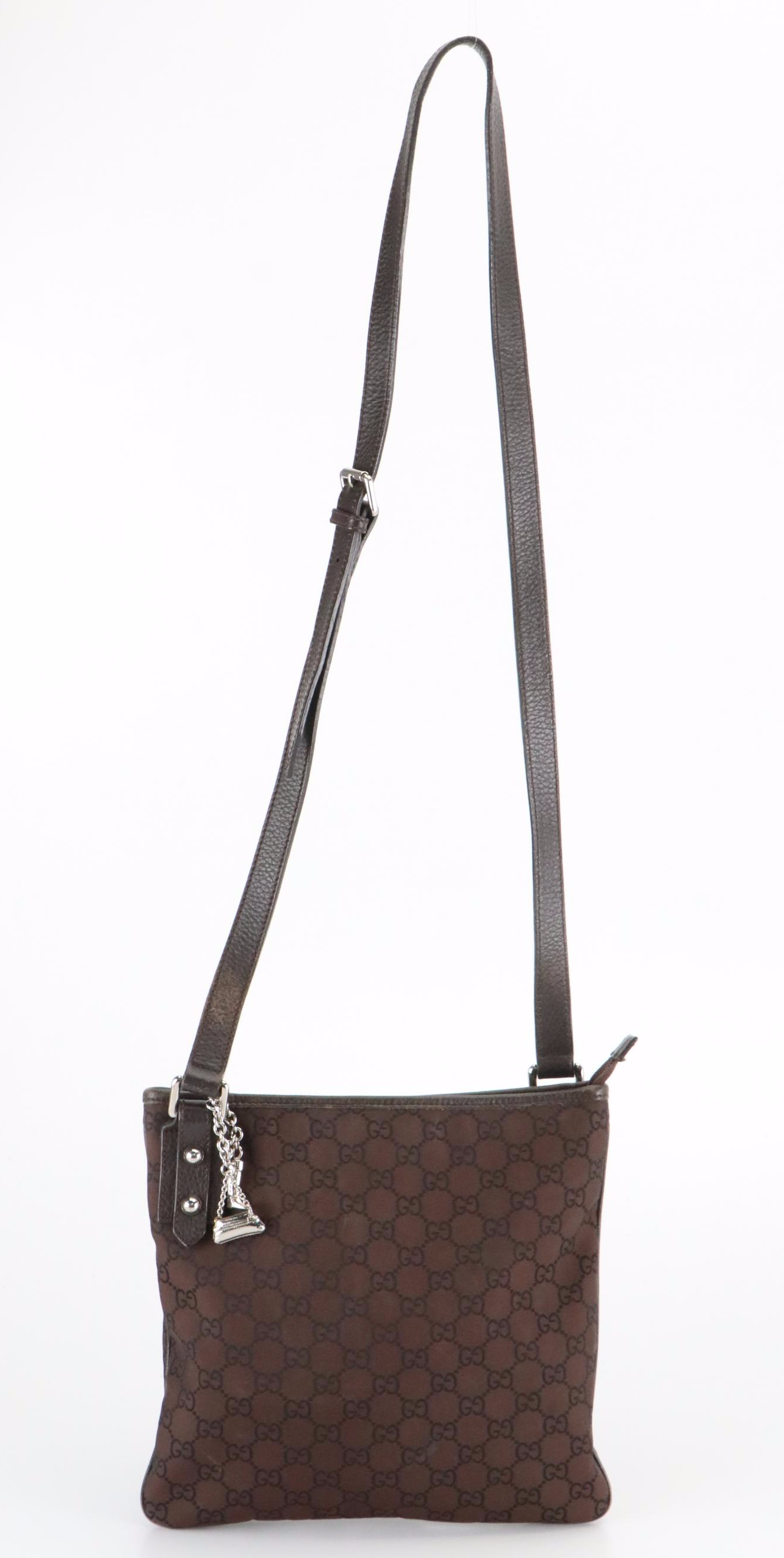 Gucci Brown GG Canvas and Grain Leather Crossbody Bag with Bag Charm