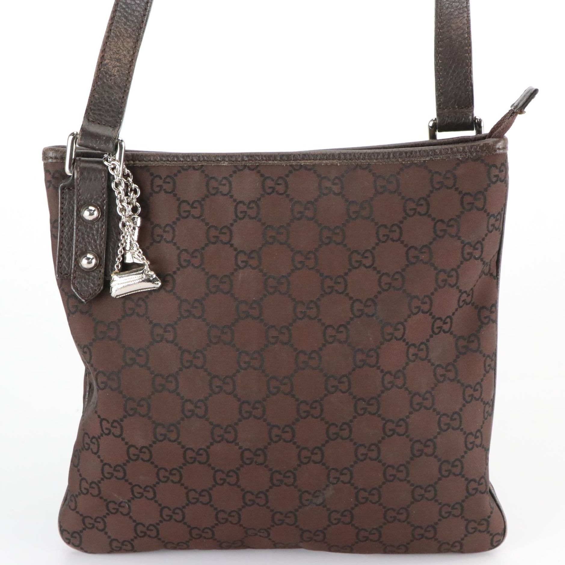 Gucci Brown GG Canvas and Grain Leather Crossbody Bag with Bag Charm