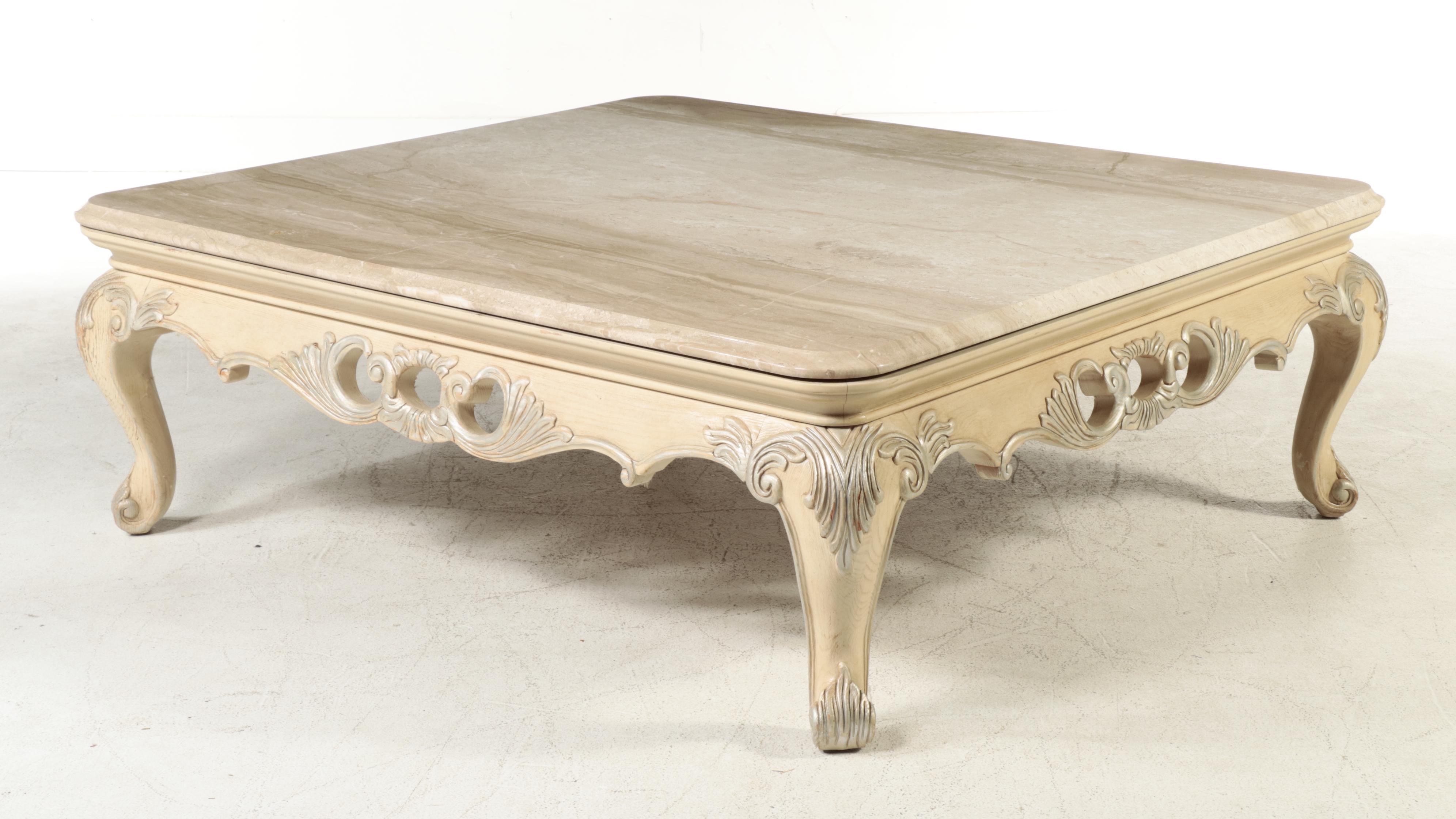 Henredon Louis XV Style Pickled Oak Coffee Table with Cream Marble Top