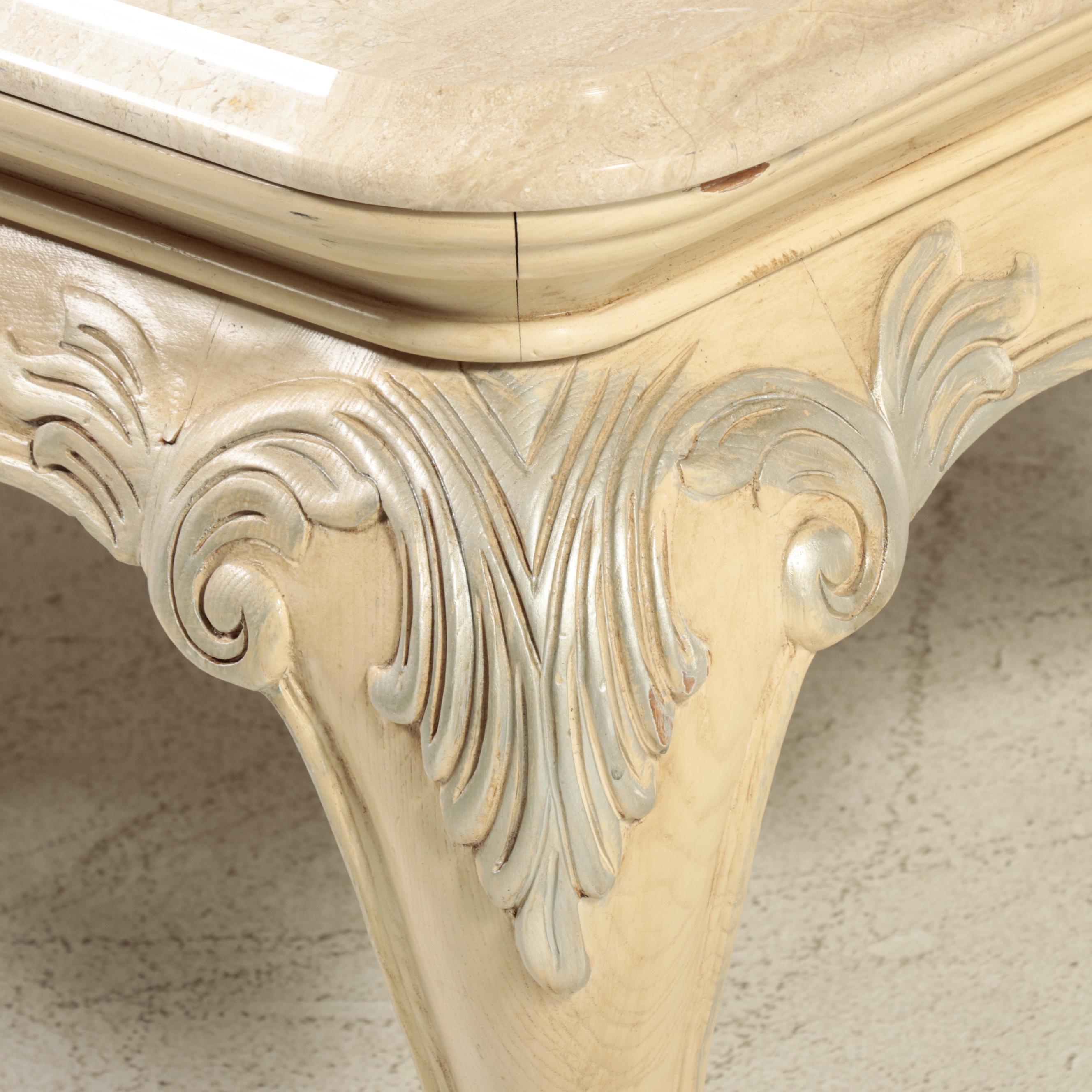 Henredon Louis XV Style Pickled Oak Coffee Table with Cream Marble Top