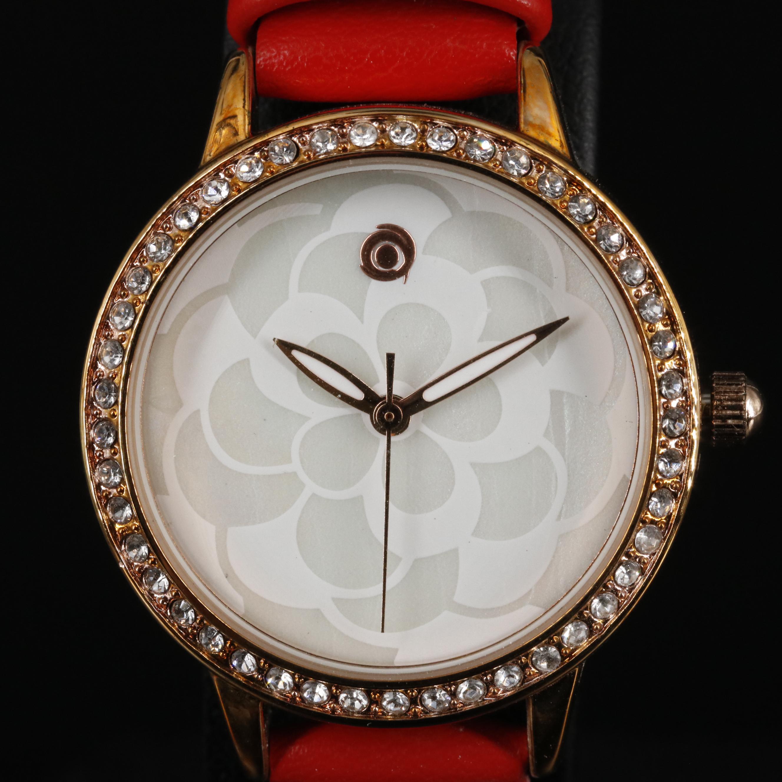 Magnicor Quartz Watch with Rhinestone Bezel and Red Strap