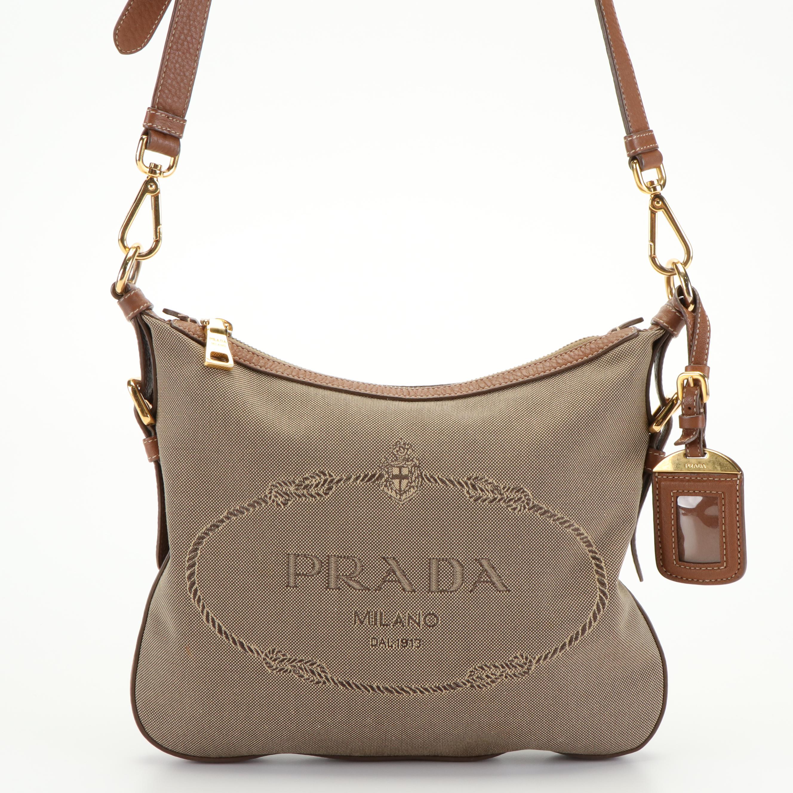 Prada Jacquard Logo Canvas Leather Crossbody Shoulder Bag