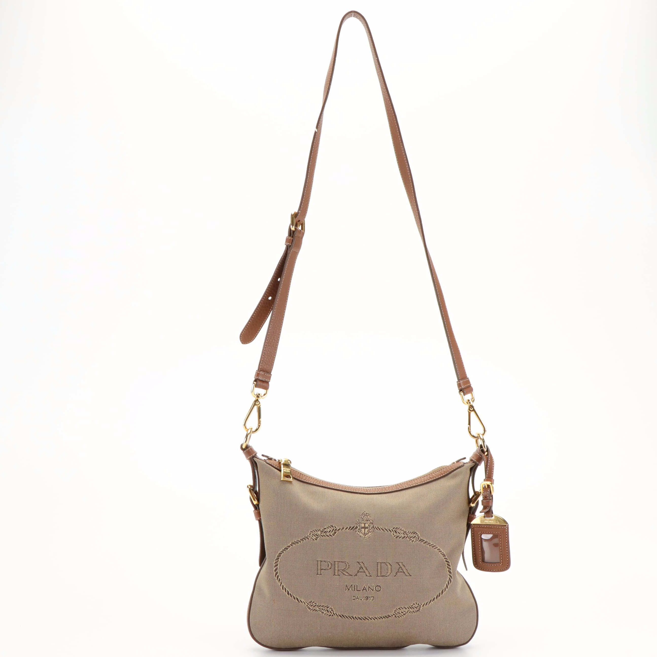Prada Jacquard Logo Canvas Leather Crossbody Shoulder Bag