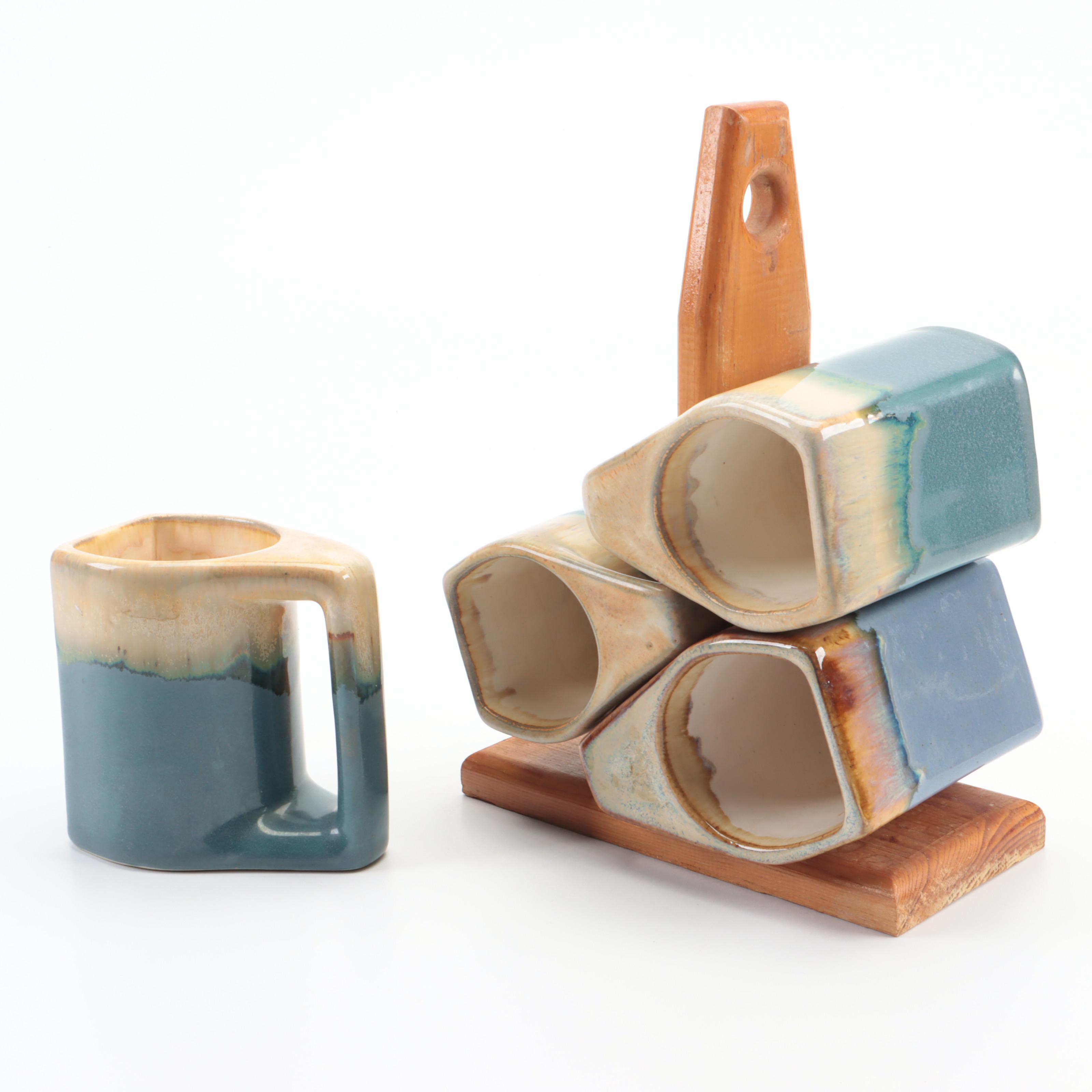 Padilla Stacking Ceramic Mugs and Wooden Stand with Comme Terre Platter