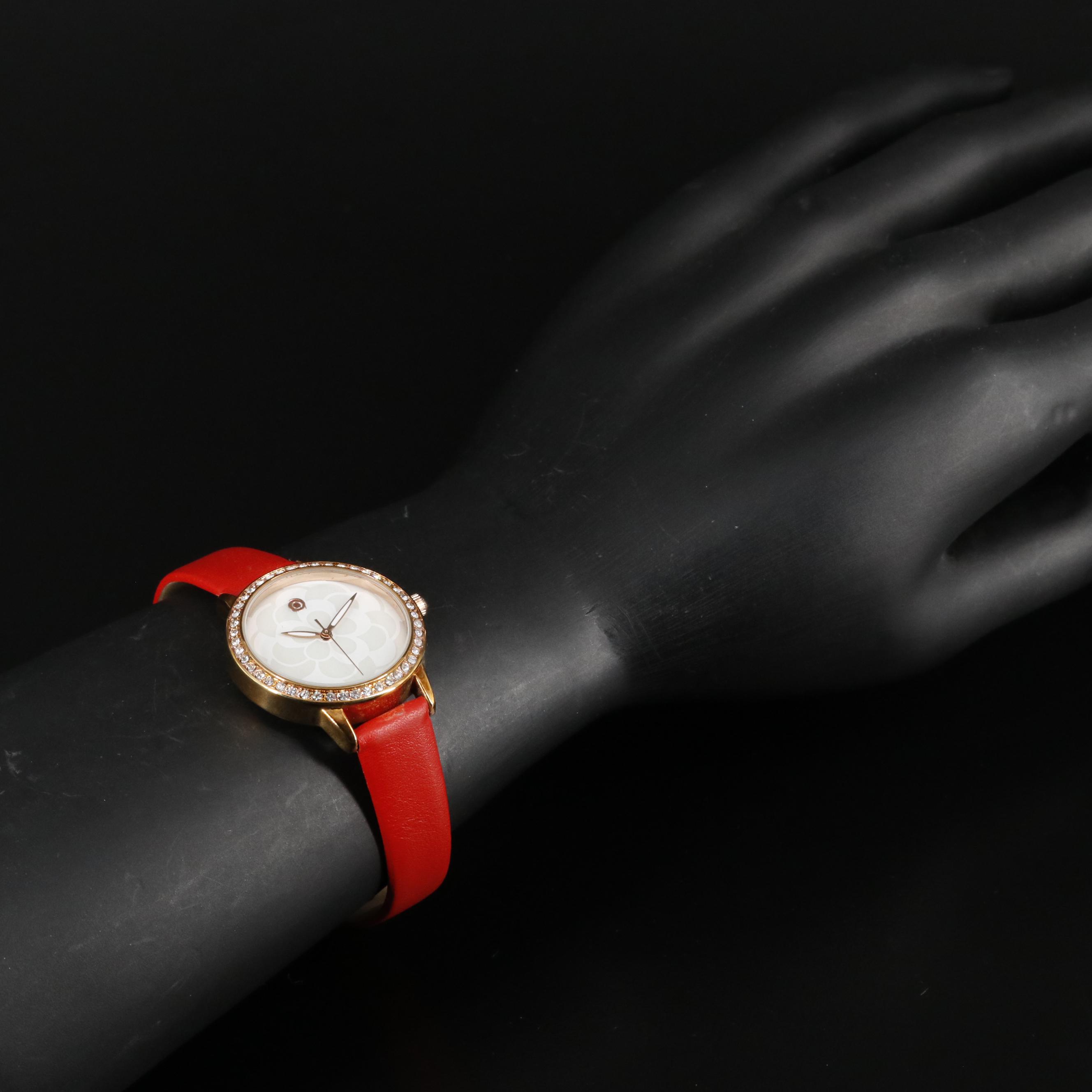 Magnicor Quartz Watch with Rhinestone Bezel and Red Strap