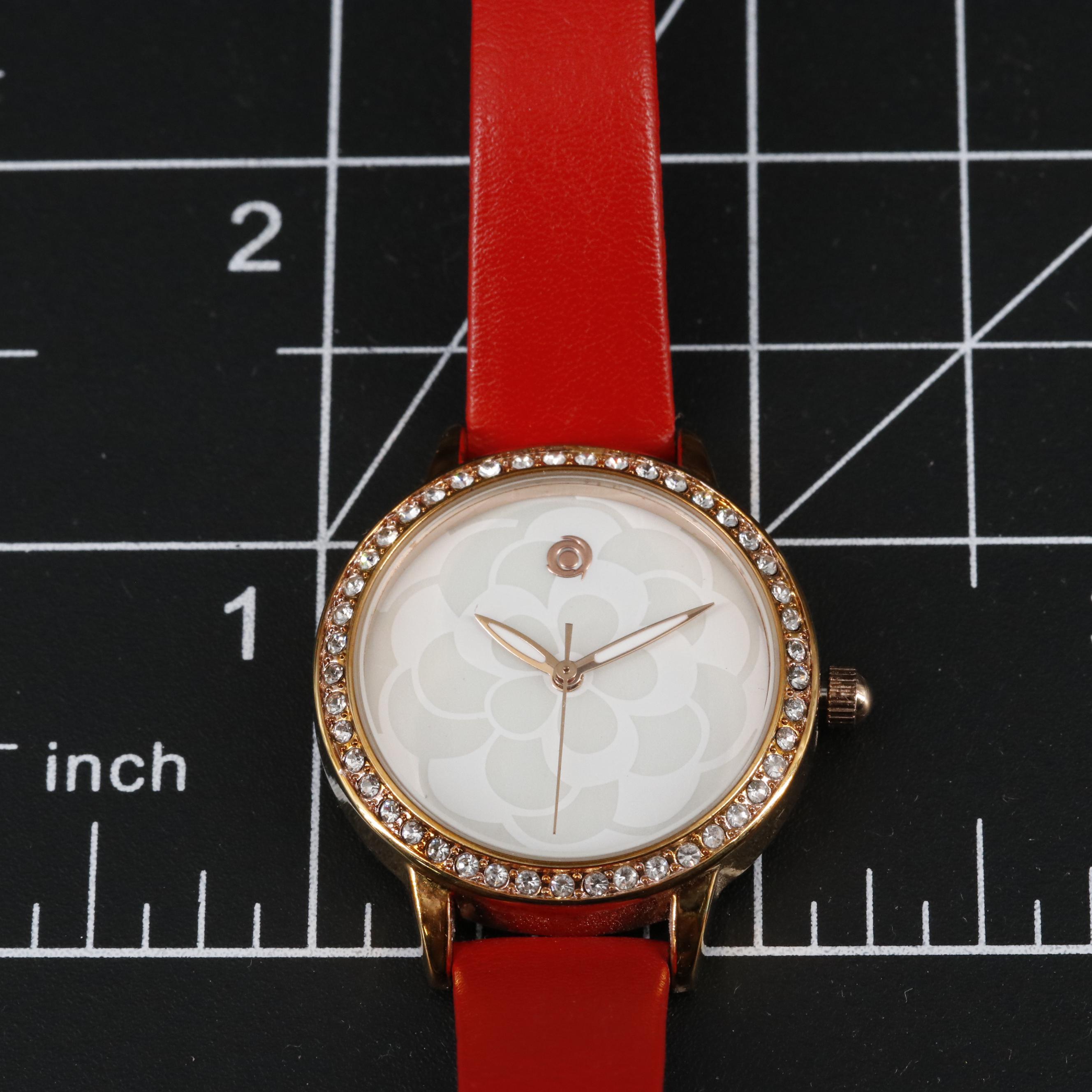 Magnicor Quartz Watch with Rhinestone Bezel and Red Strap