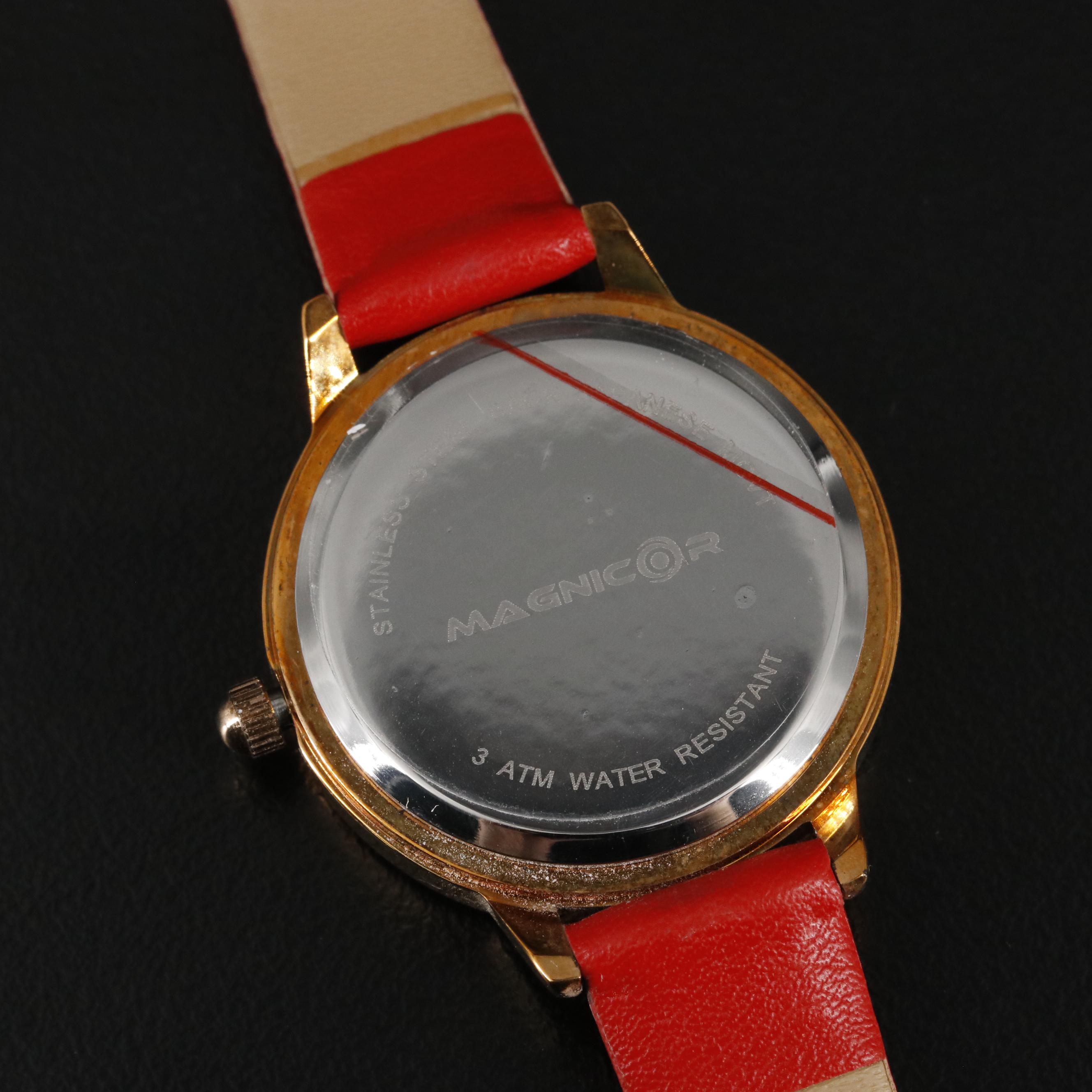 Magnicor Quartz Watch with Rhinestone Bezel and Red Strap