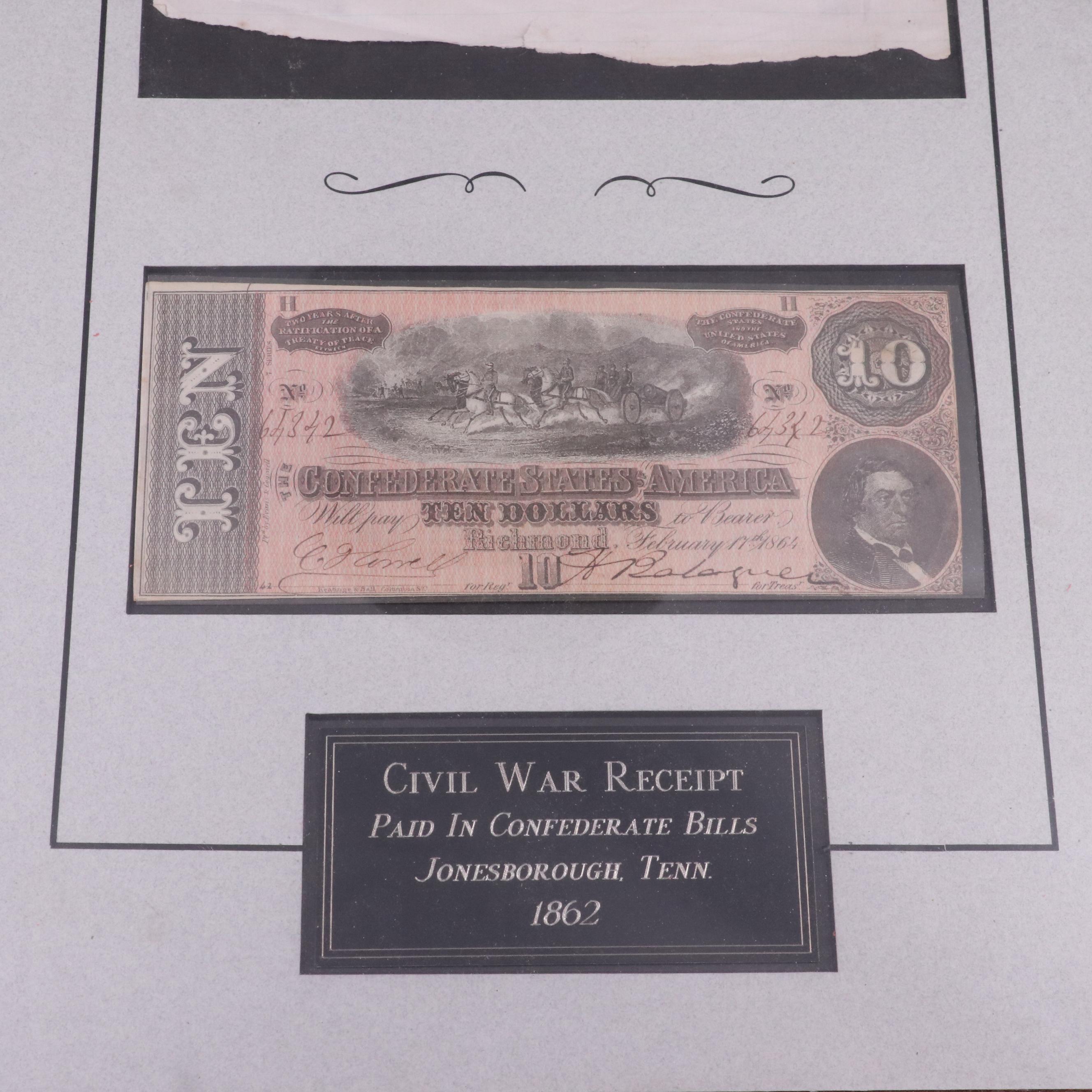Framed Civil War Receipt From 1862 and Confederate Currency