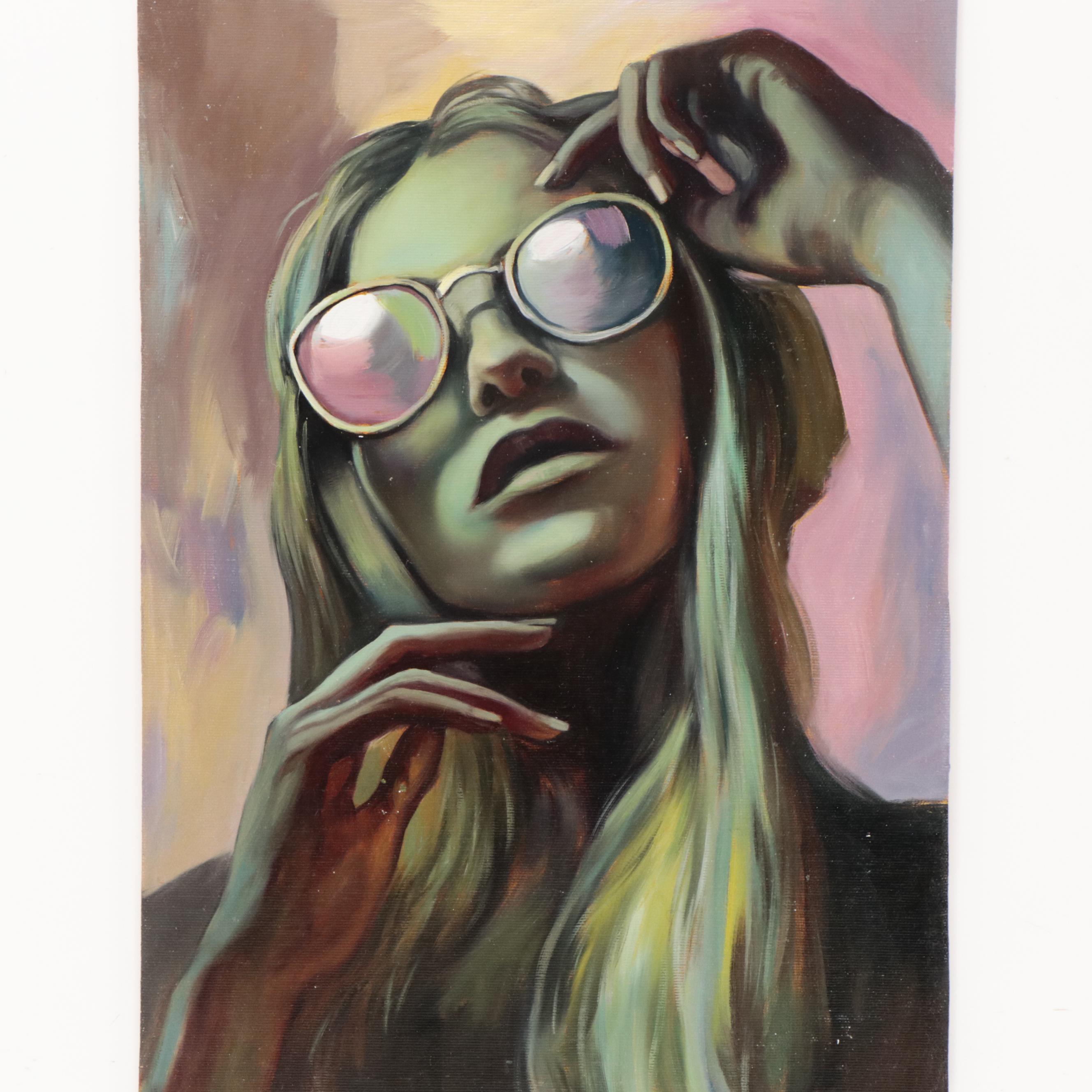 Portrait Oil Painting of Woman in Sunglasses, 2023