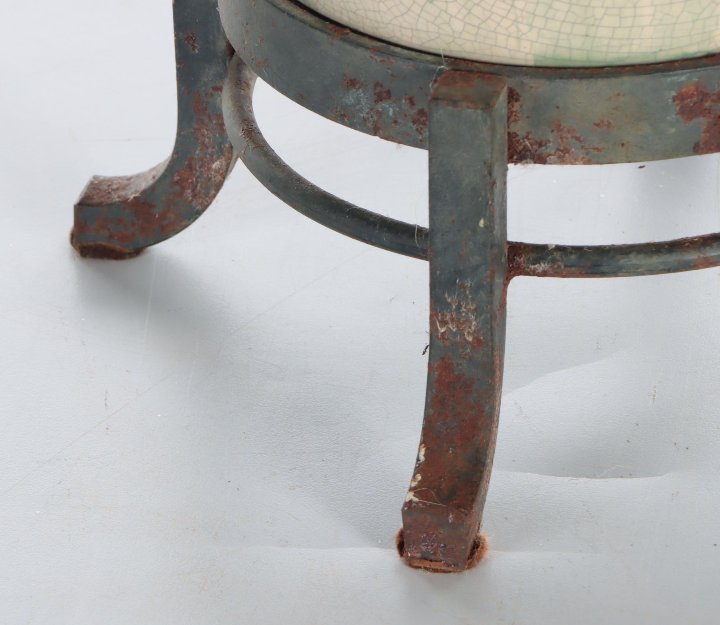 Hand-Painted Orchid Motif Ceramic Floor Vase on Metal Base