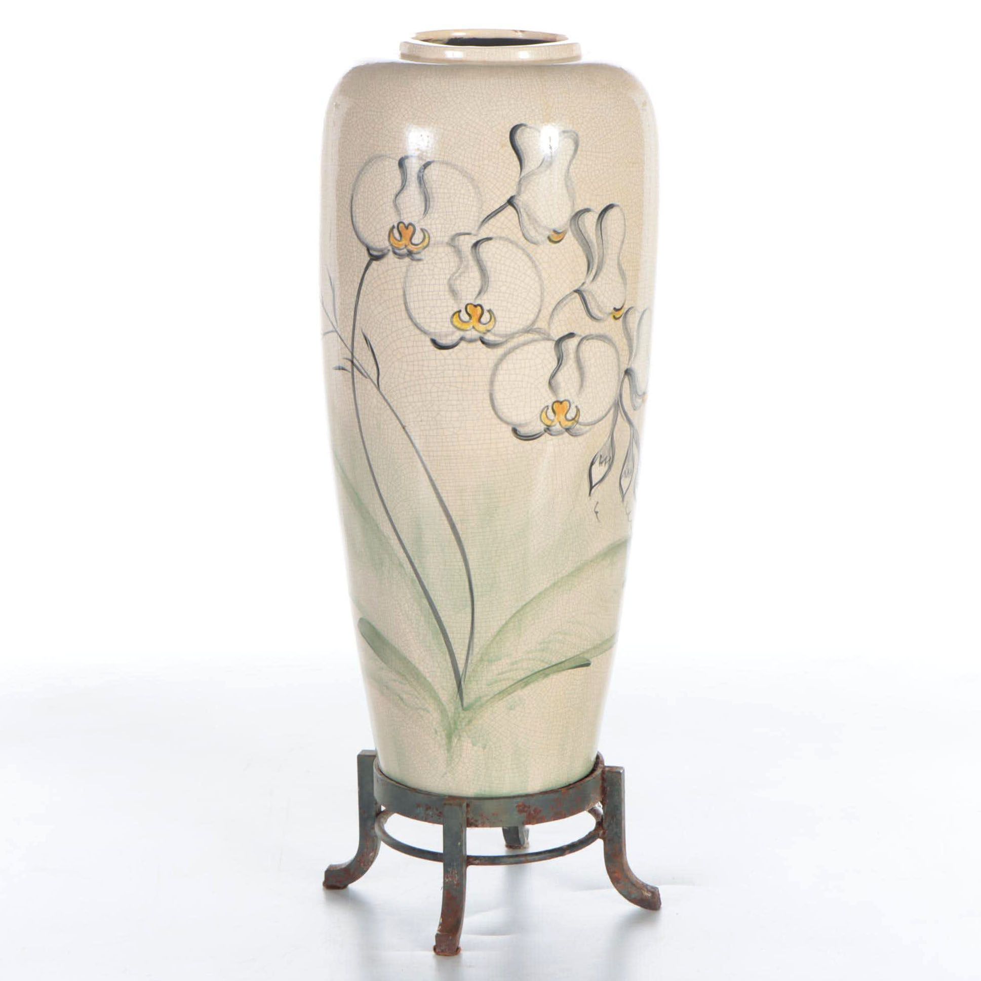 Hand-Painted Orchid Motif Ceramic Floor Vase on Metal Base