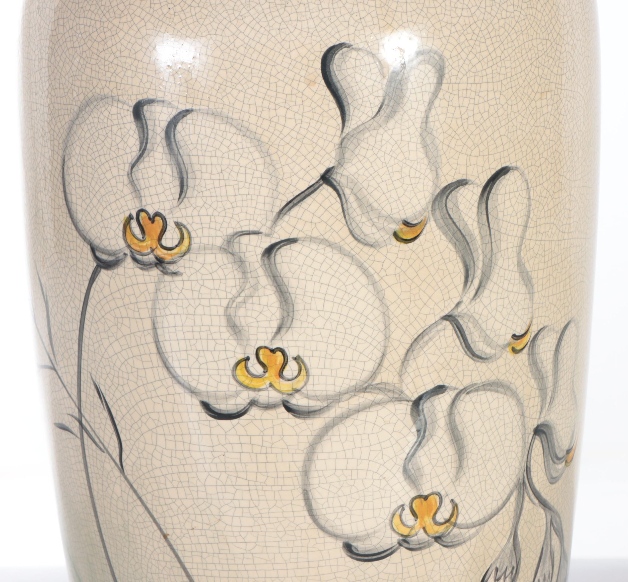 Hand-Painted Orchid Motif Ceramic Floor Vase on Metal Base