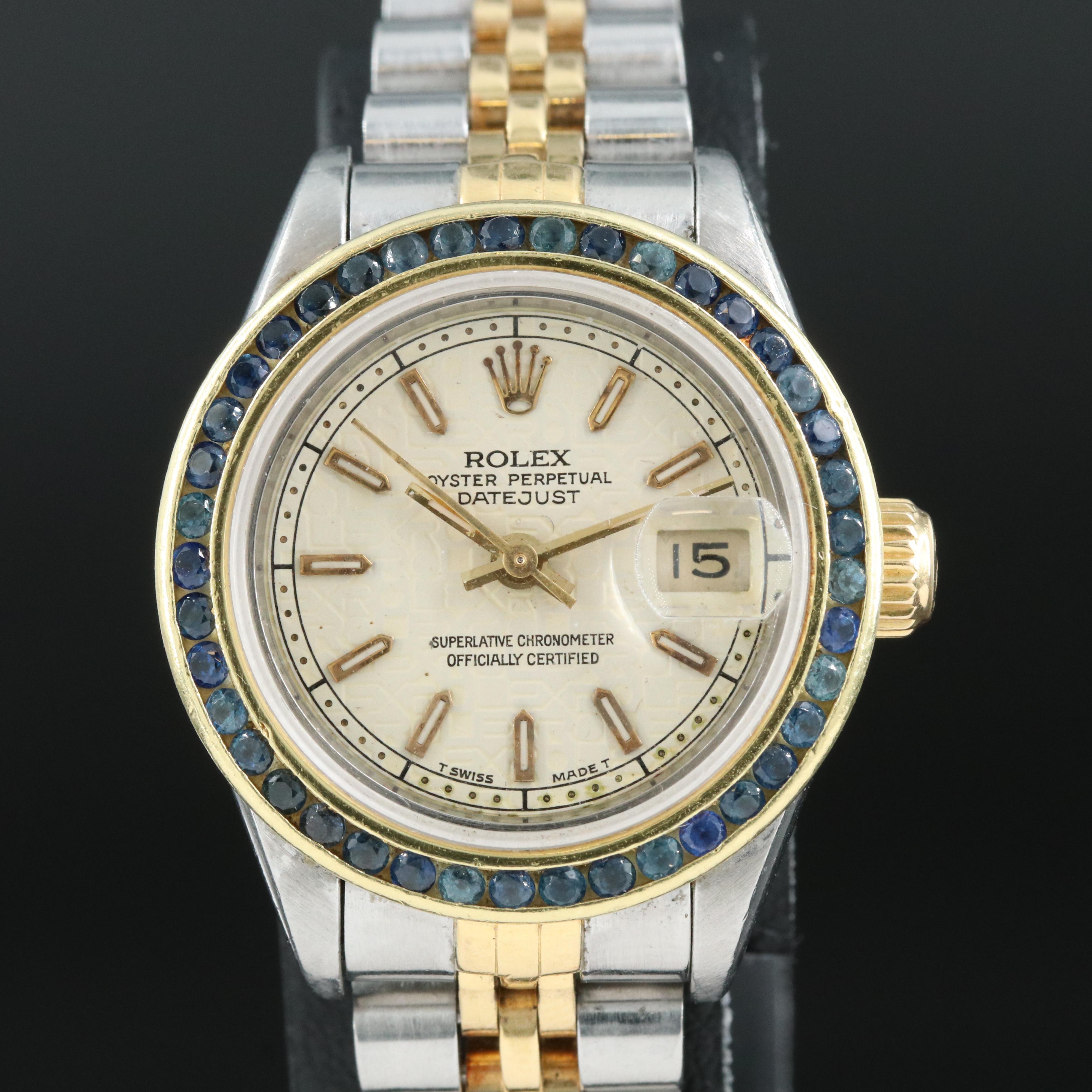 1991 Rolex Custom Sapphire 18K Bezel Oyster Perpetual Datejust Watch