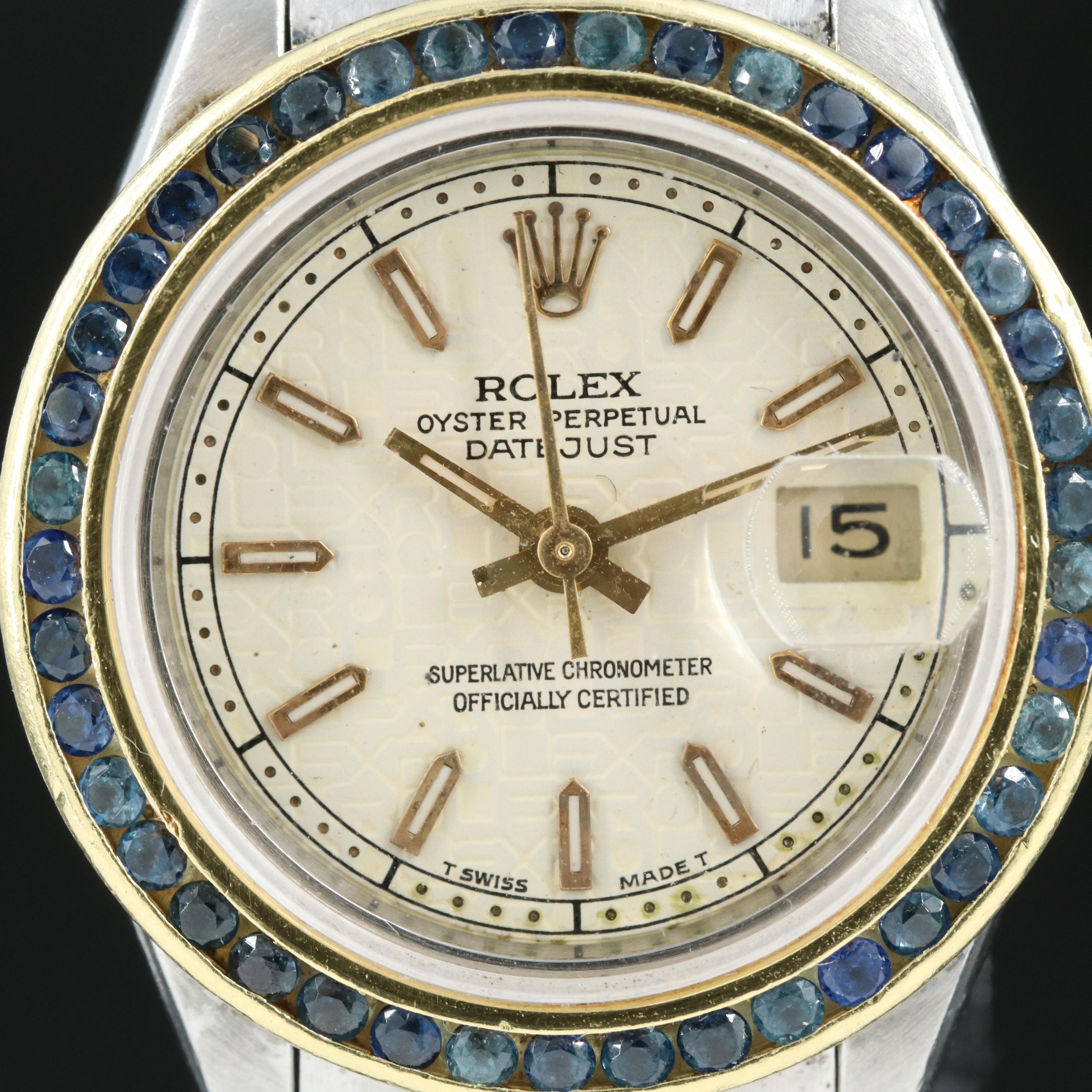 1991 Rolex Custom Sapphire 18K Bezel Oyster Perpetual Datejust Watch