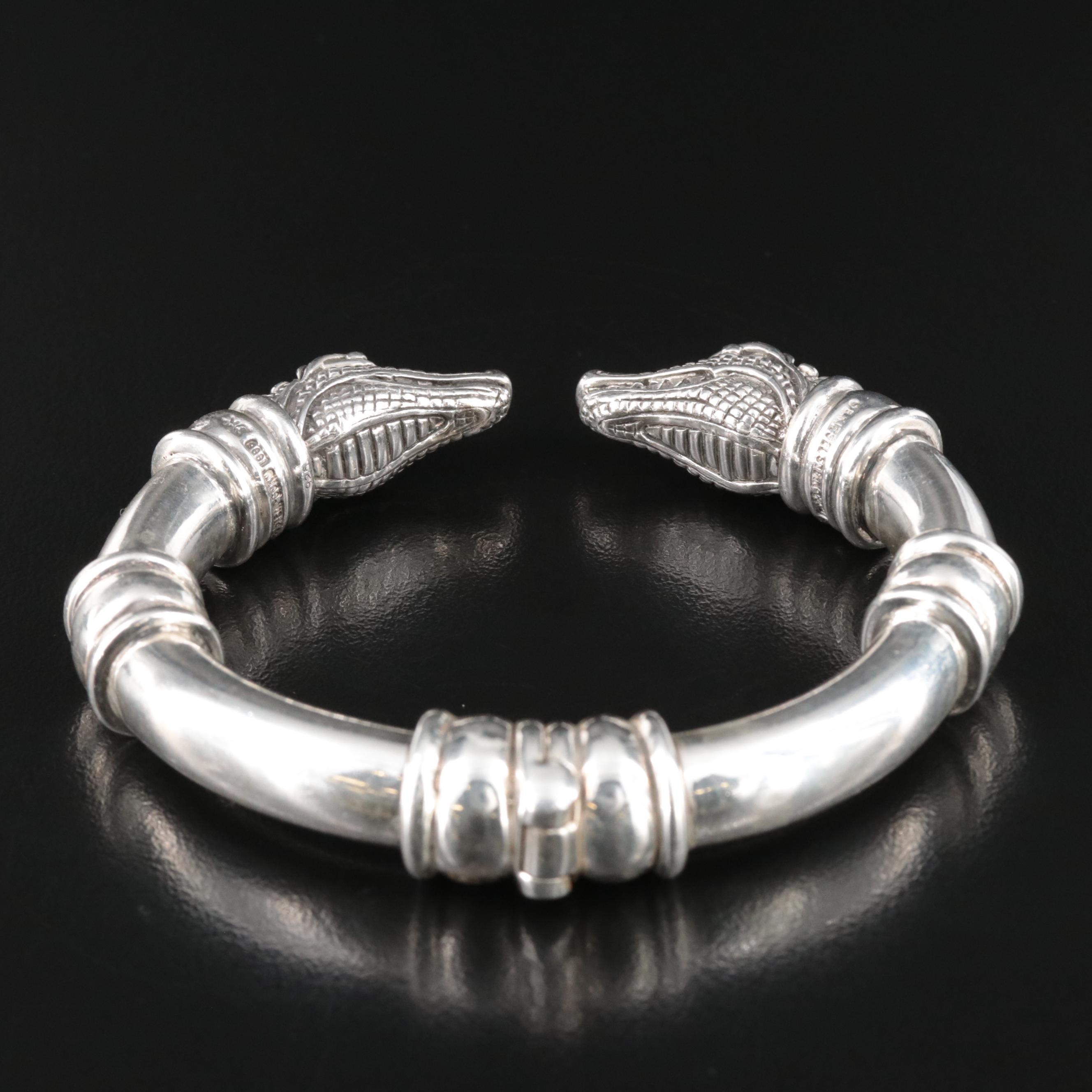 Barry Kieselstein-Cord Silver Double Alligator Head Braided Leather Necklace