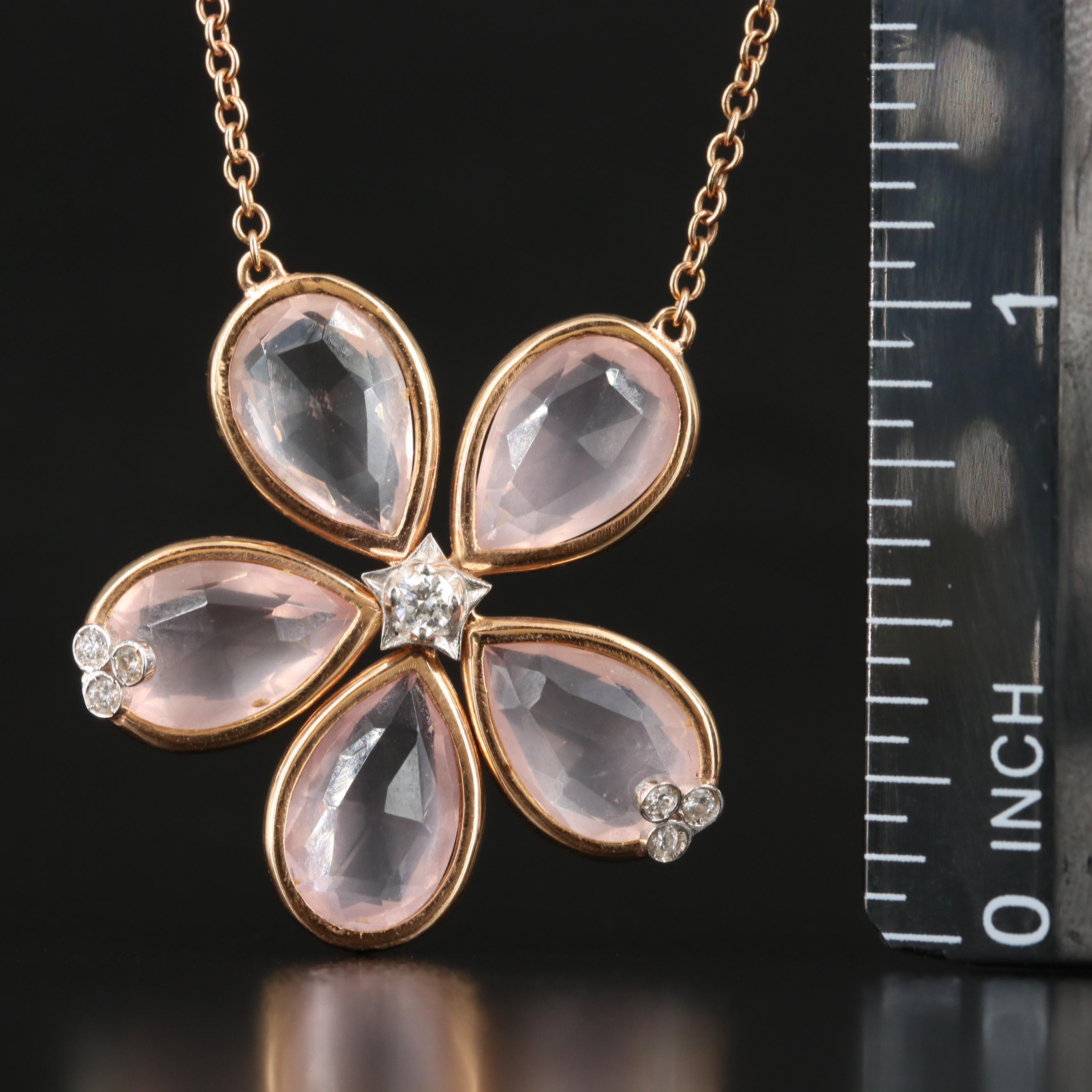 18K Rose Gold Diamond and Rose Quartz Flower Pendant Necklace EBTH