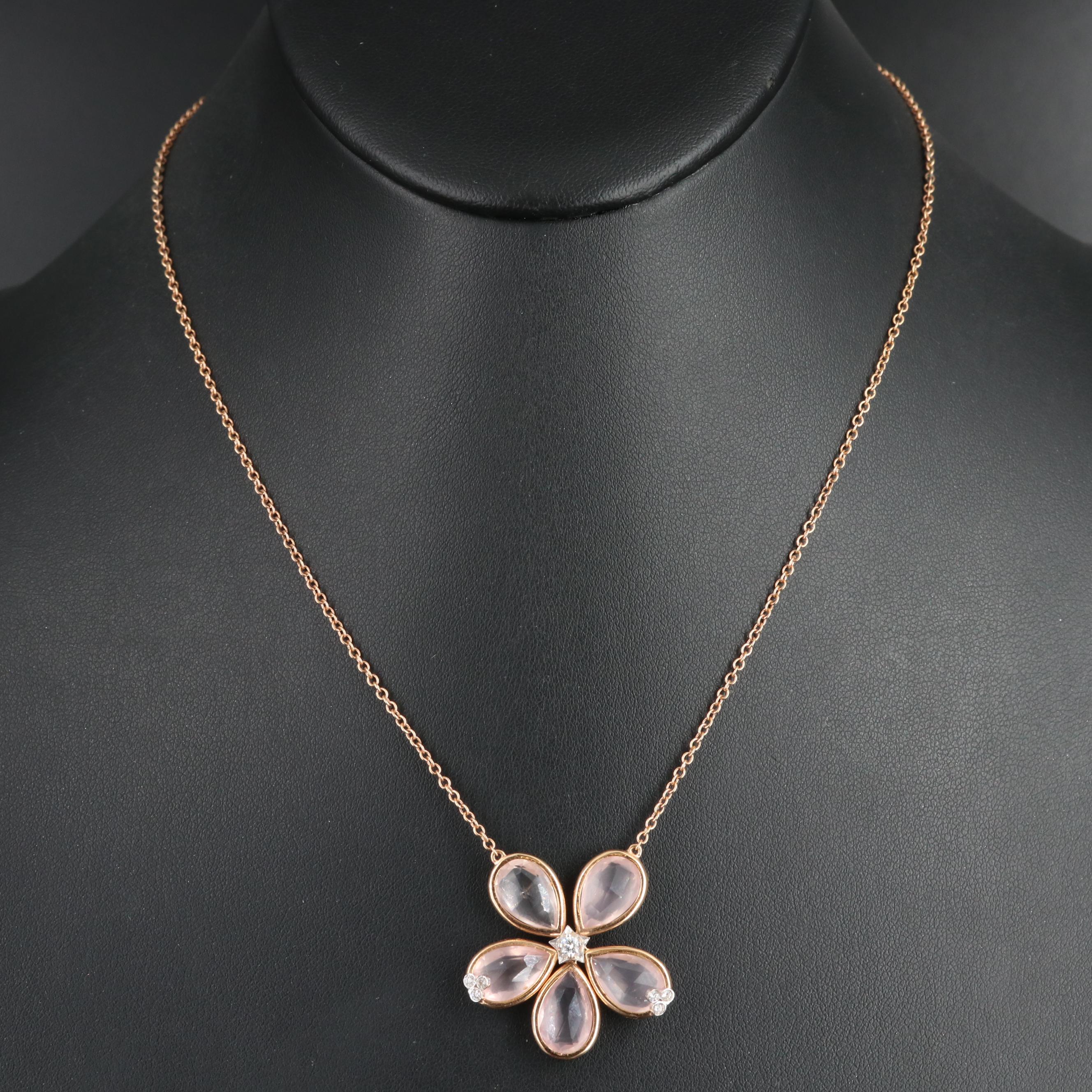 18K Rose Gold Diamond and Rose Quartz Flower Pendant Necklace