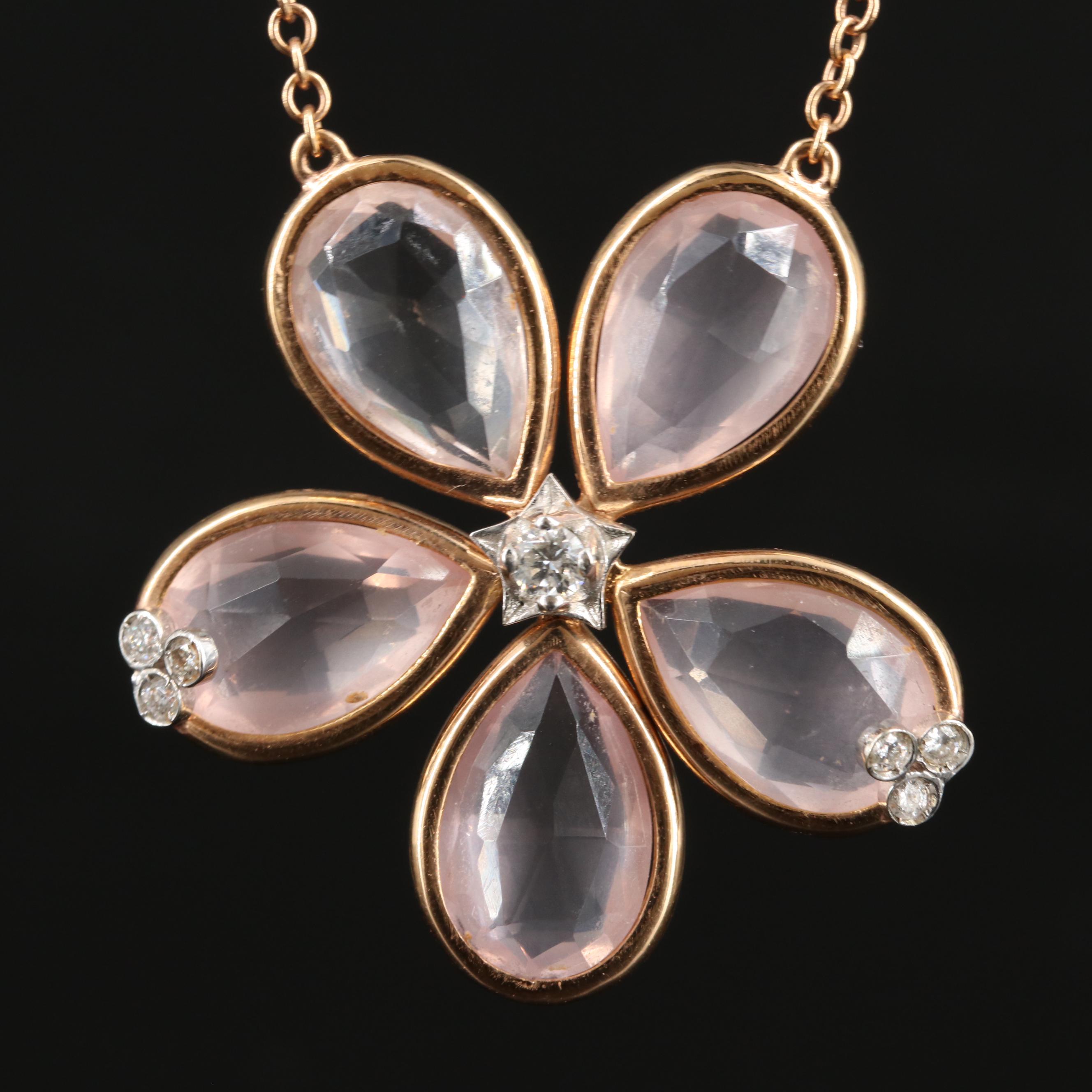 18K Rose Gold Diamond and Rose Quartz Flower Pendant Necklace