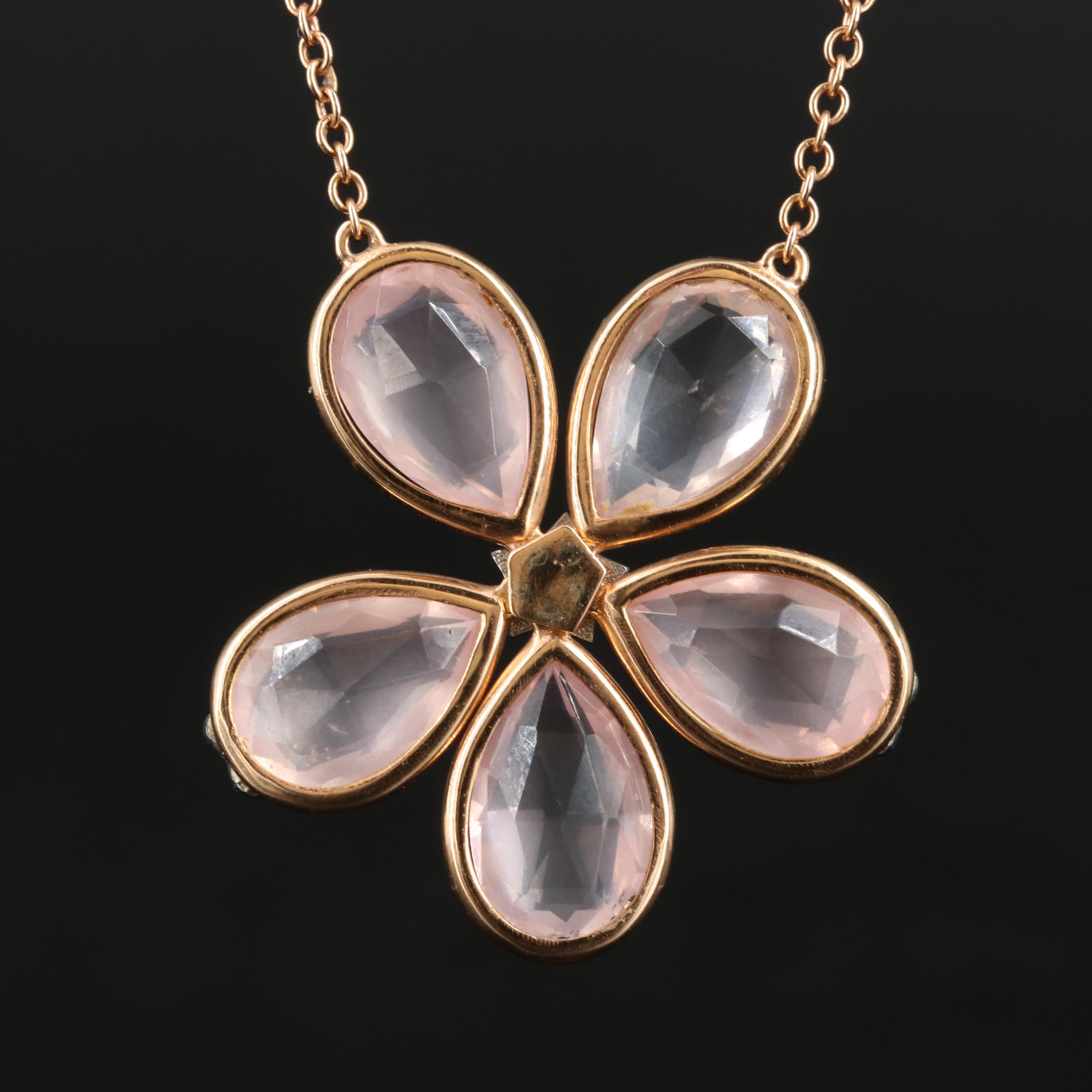 18K Rose Gold Diamond and Rose Quartz Flower Pendant Necklace
