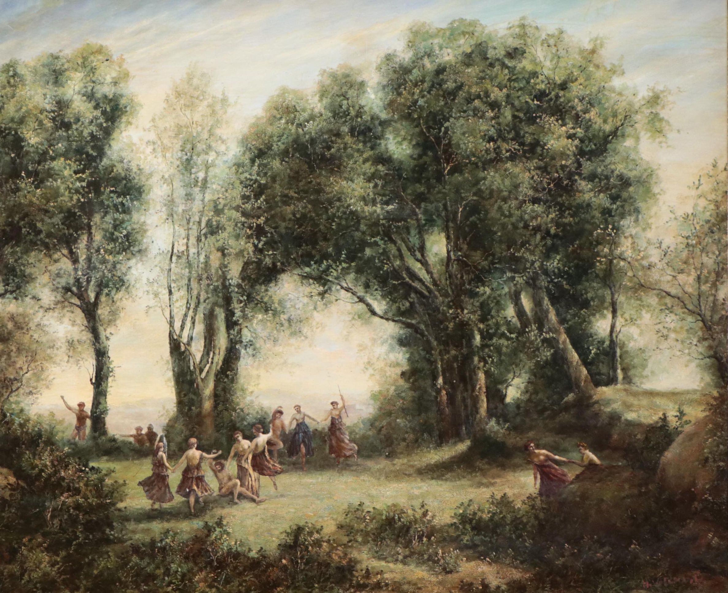 Neoclassical Oil Painting of Figures Dancing in a Landscape