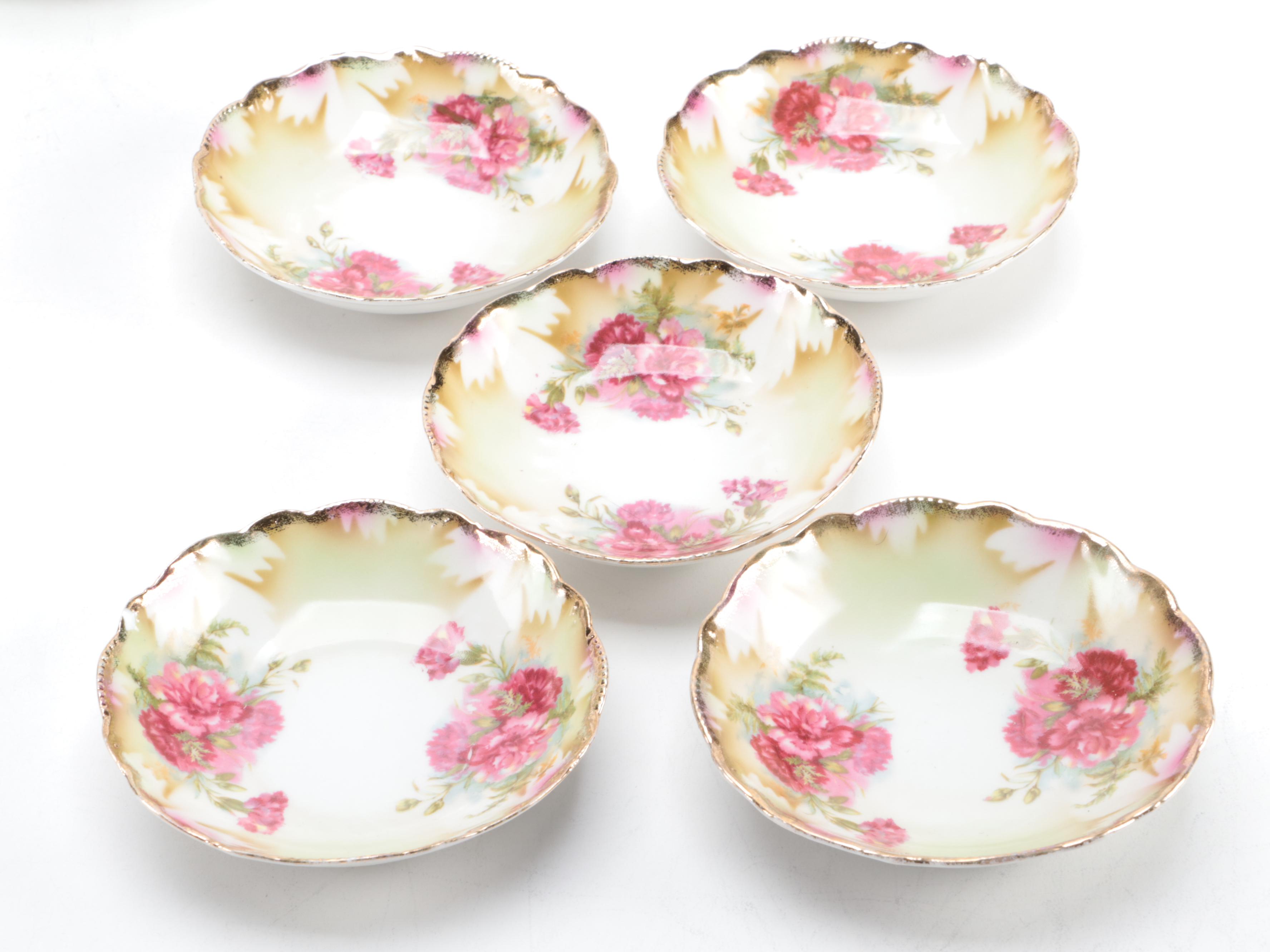 German  Porcelain Rose Pattern Bowls and Plates, Early 20th Century