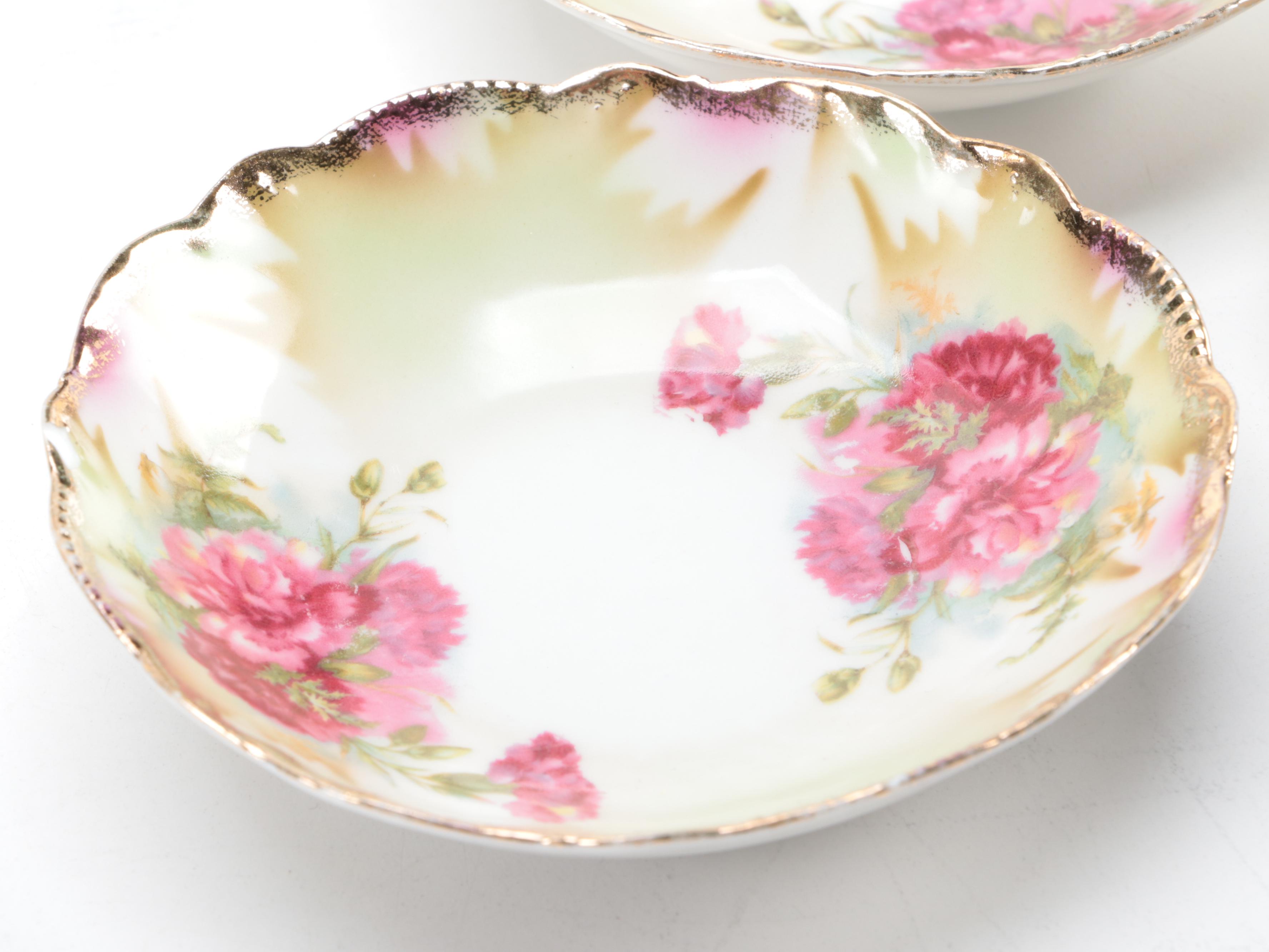 German  Porcelain Rose Pattern Bowls and Plates, Early 20th Century