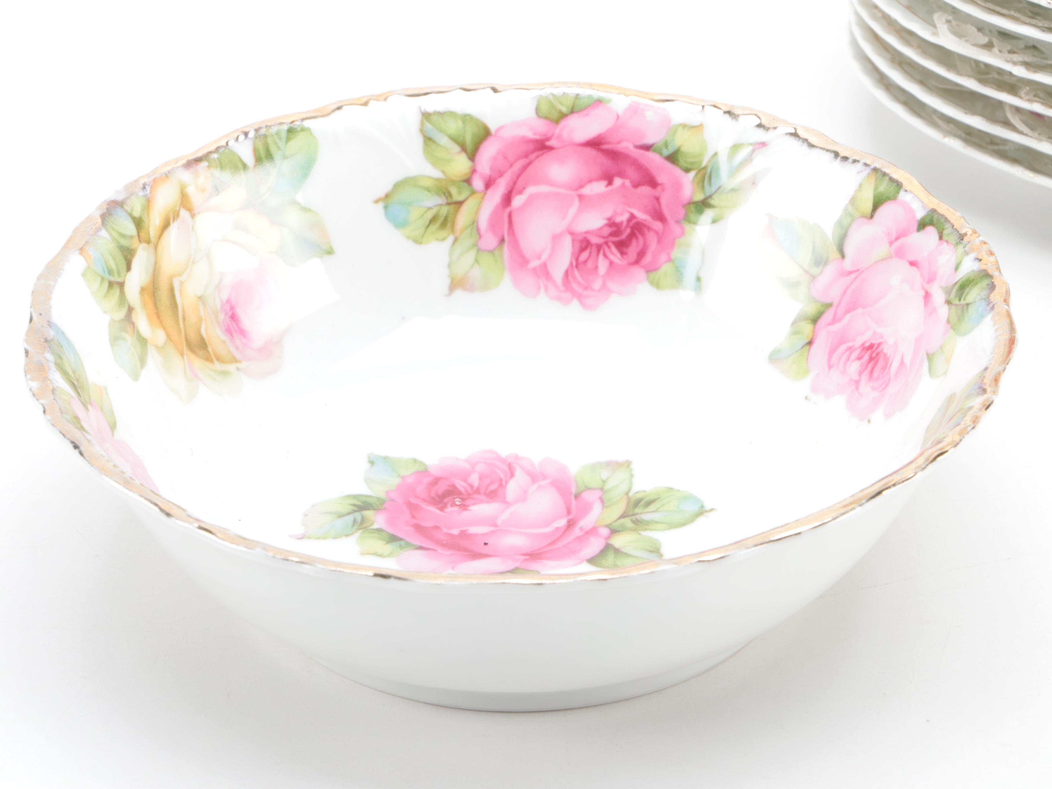 German  Porcelain Rose Pattern Bowls and Plates, Early 20th Century