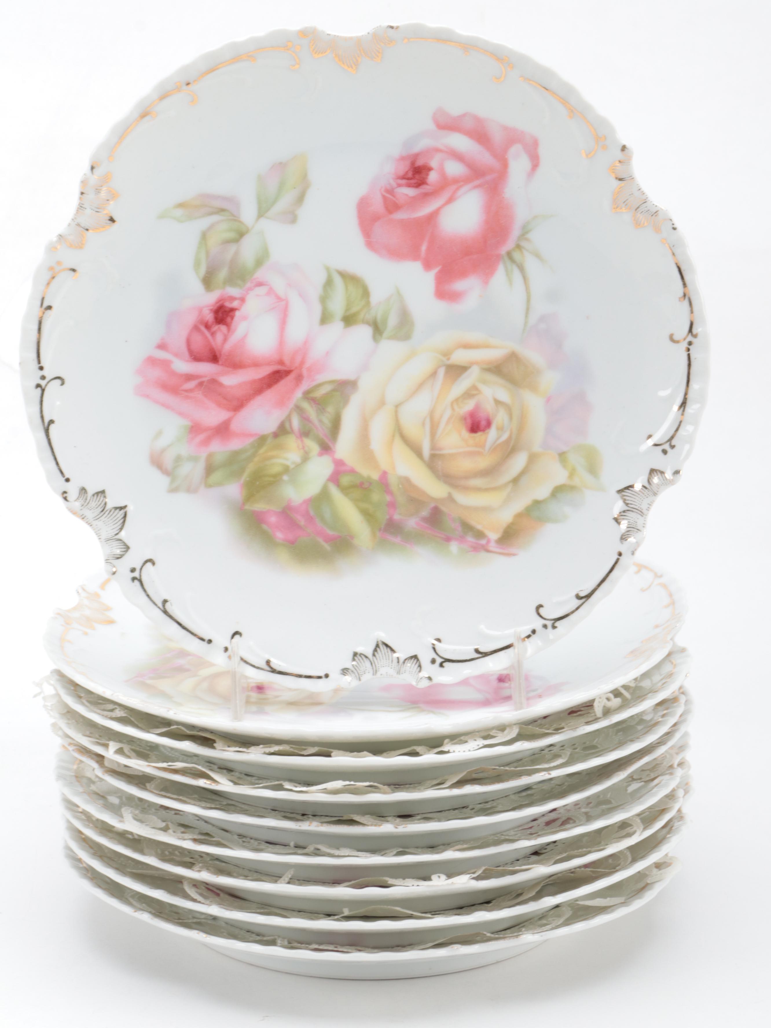 German  Porcelain Rose Pattern Bowls and Plates, Early 20th Century