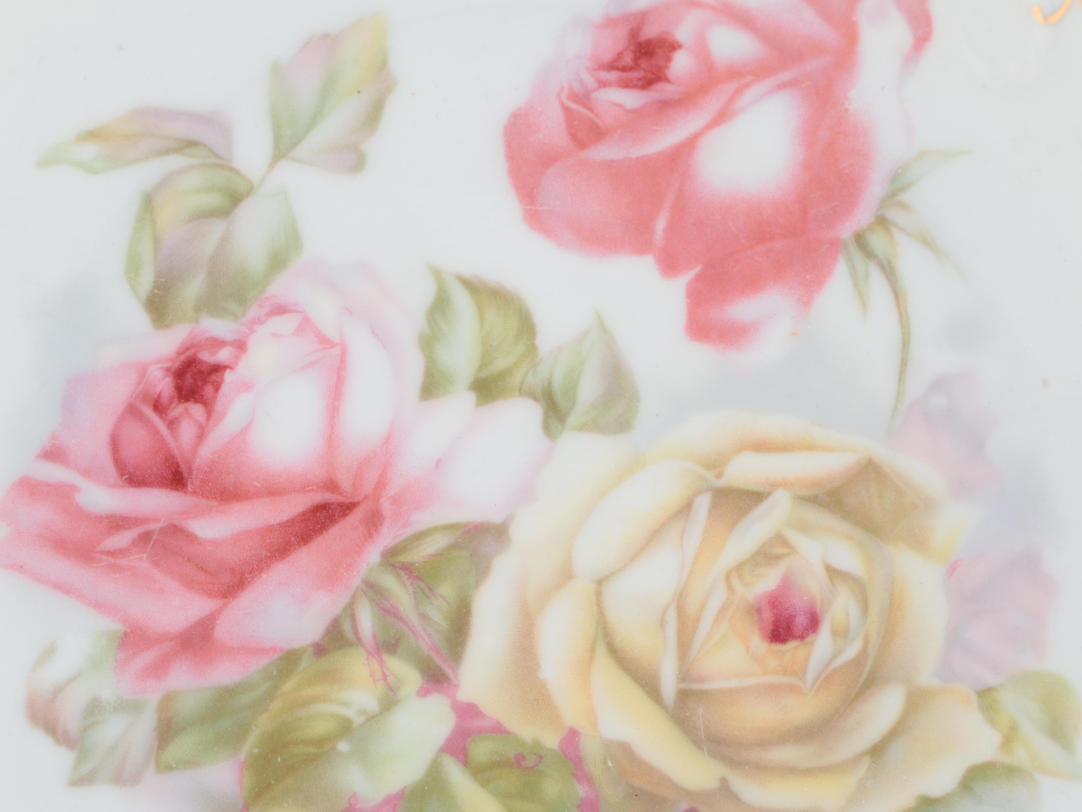 German  Porcelain Rose Pattern Bowls and Plates, Early 20th Century