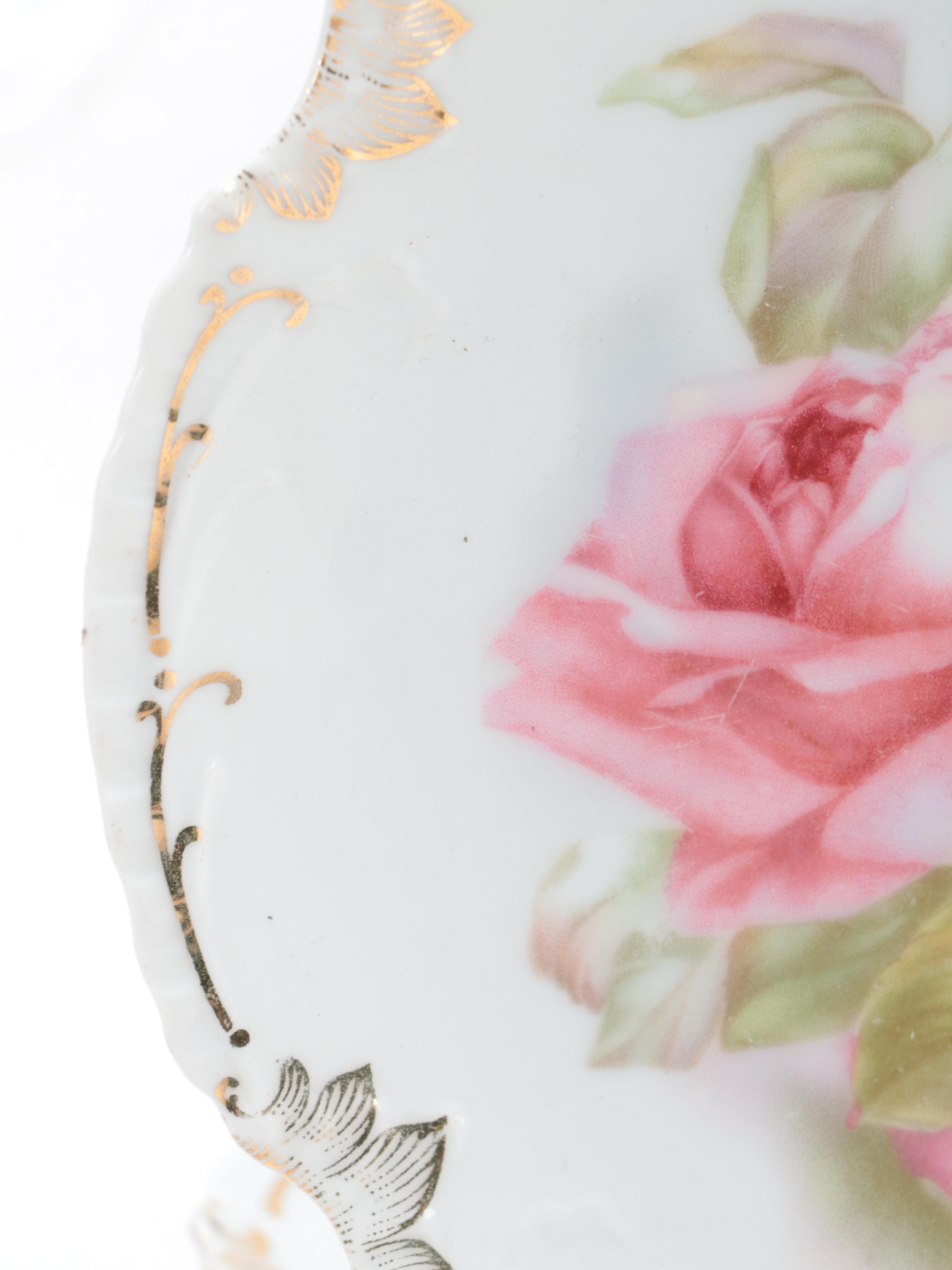 German  Porcelain Rose Pattern Bowls and Plates, Early 20th Century