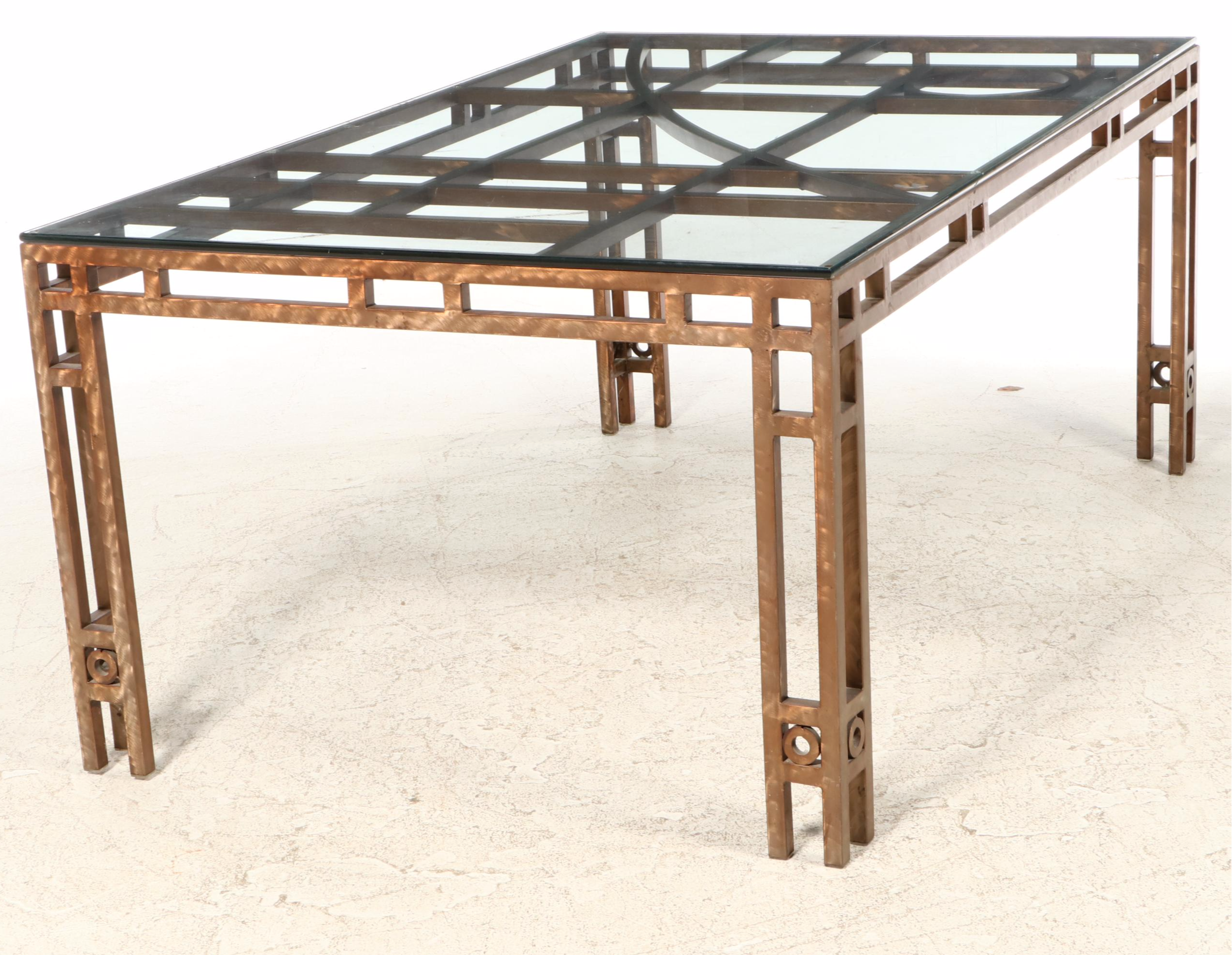 Modernist Style Bronzed Finish Metal Dining Table with Glass Top