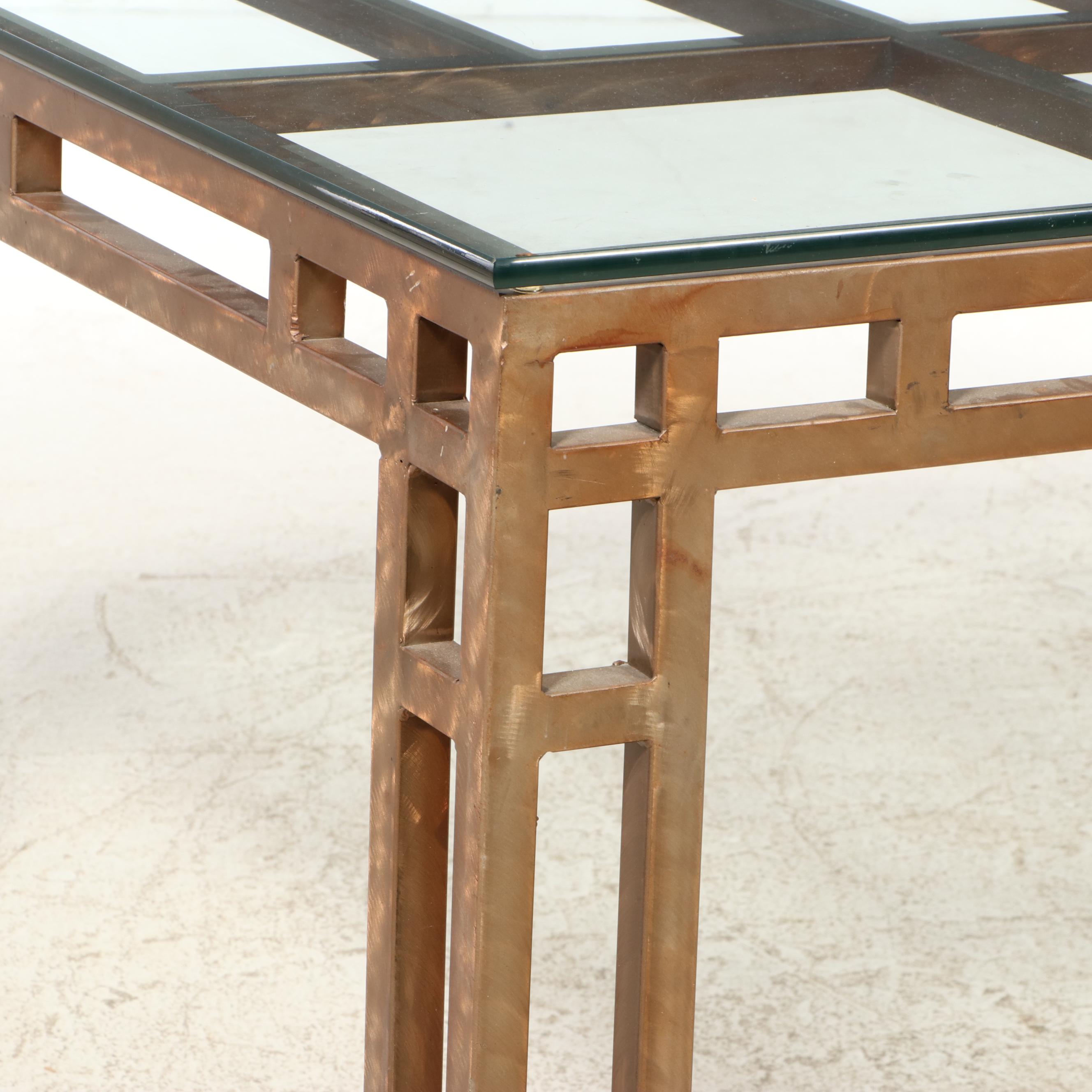 Modernist Style Bronzed Finish Metal Dining Table with Glass Top