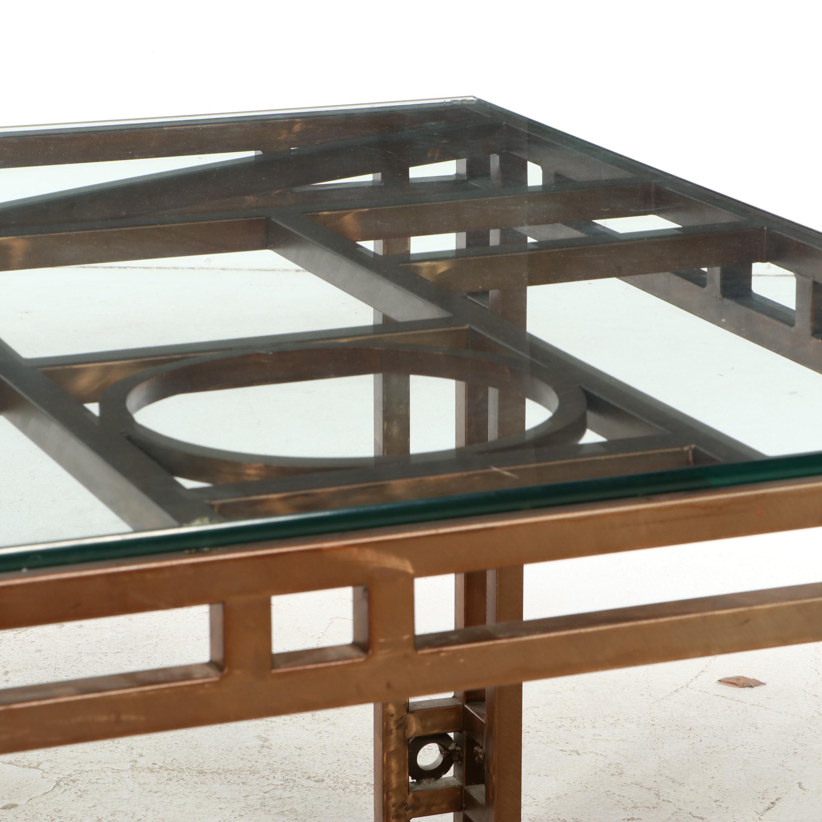 Modernist Style Bronzed Finish Metal Dining Table with Glass Top