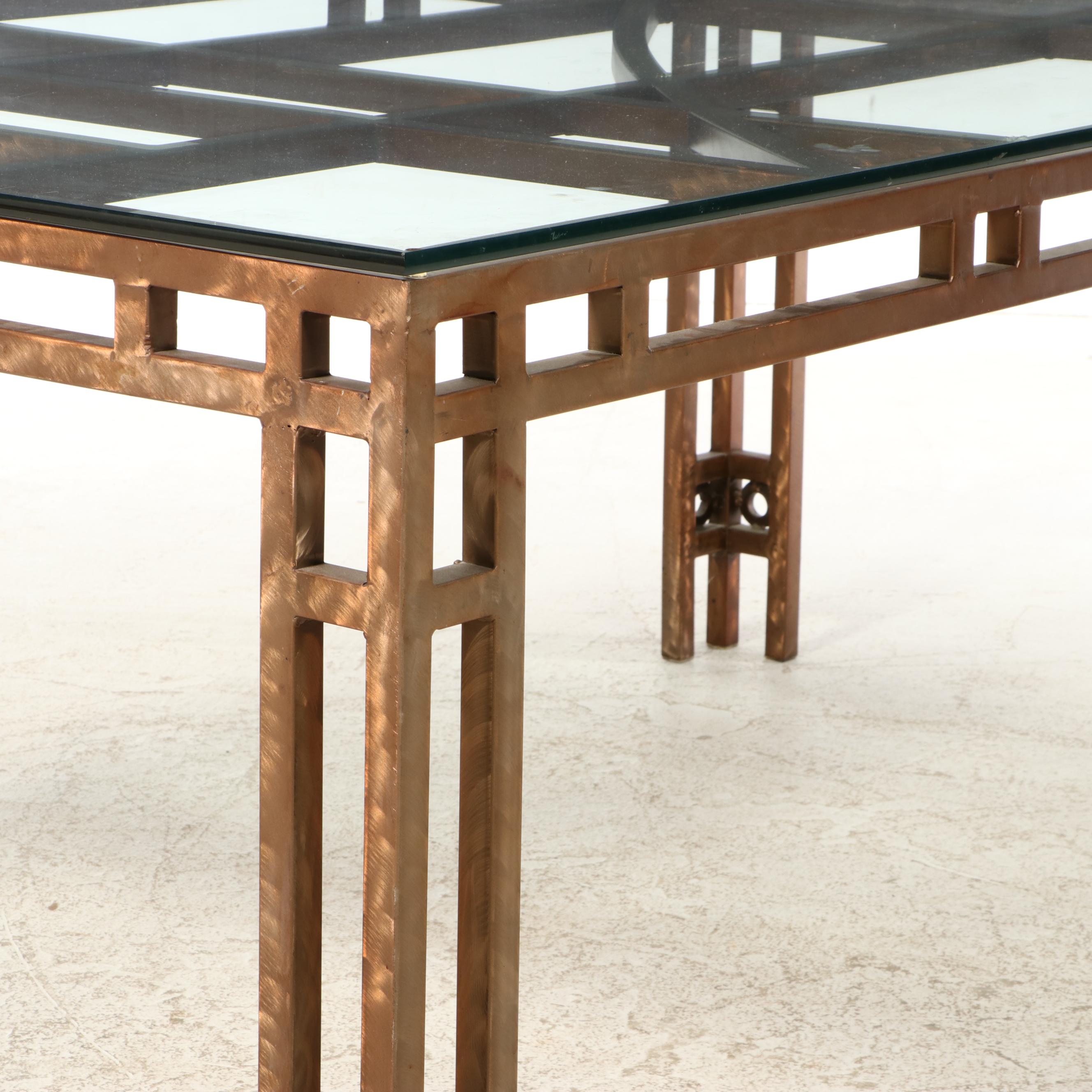 Modernist Style Bronzed Finish Metal Dining Table with Glass Top