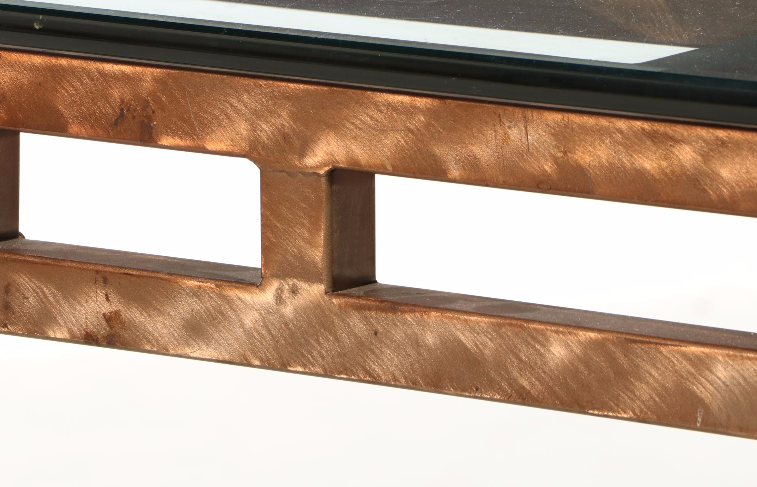 Modernist Style Bronzed Finish Metal Dining Table with Glass Top