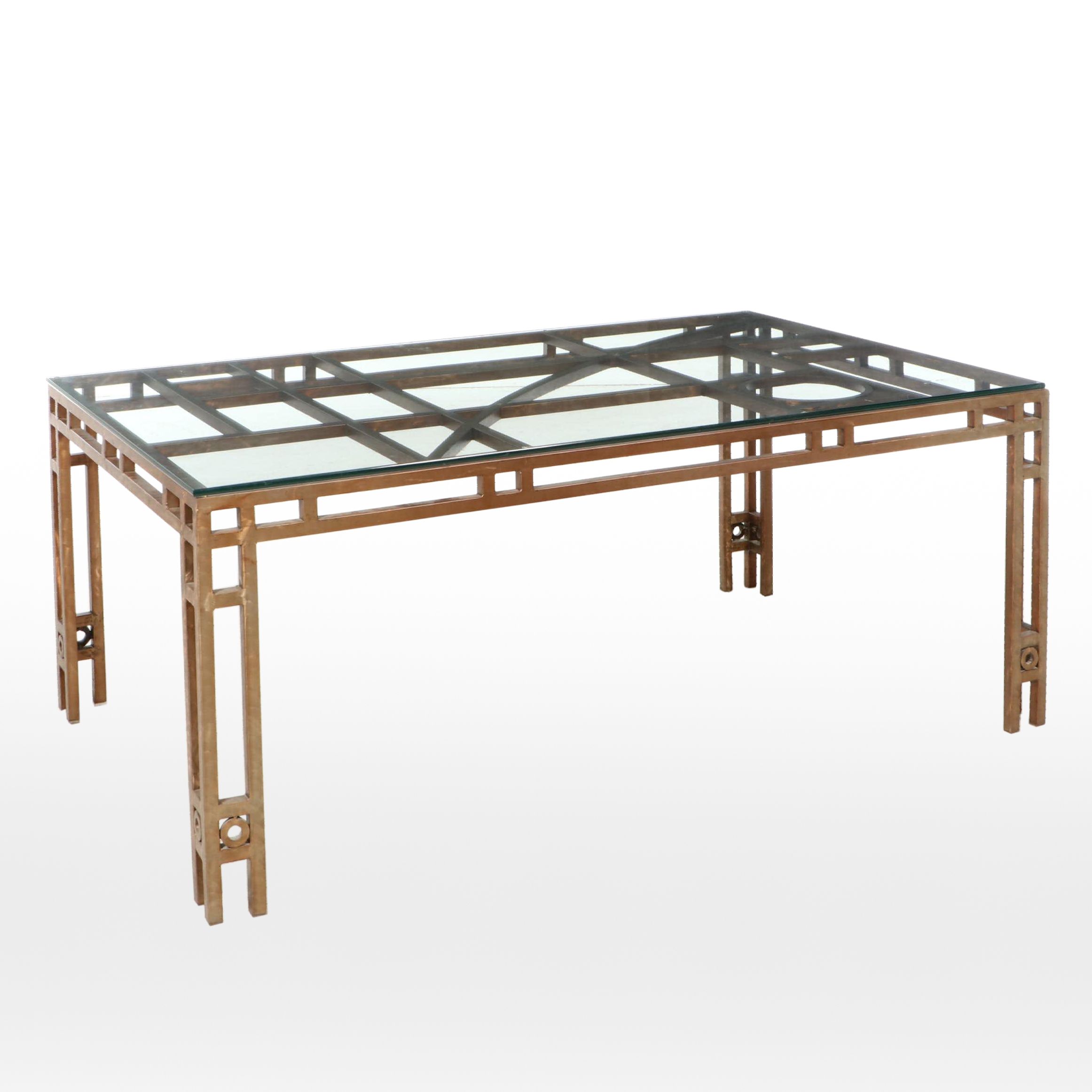 Modernist Style Bronzed Finish Metal Dining Table with Glass Top