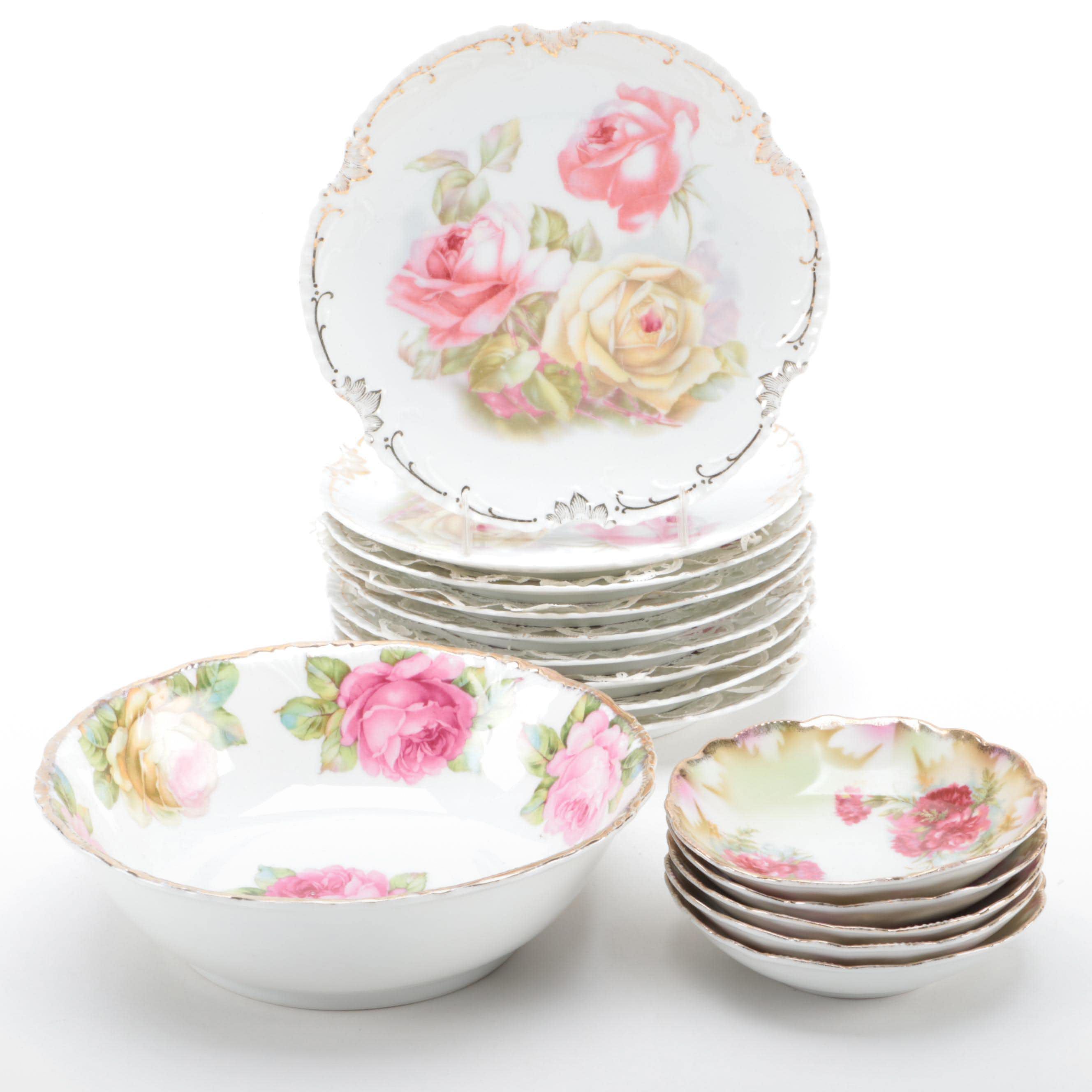 German  Porcelain Rose Pattern Bowls and Plates, Early 20th Century