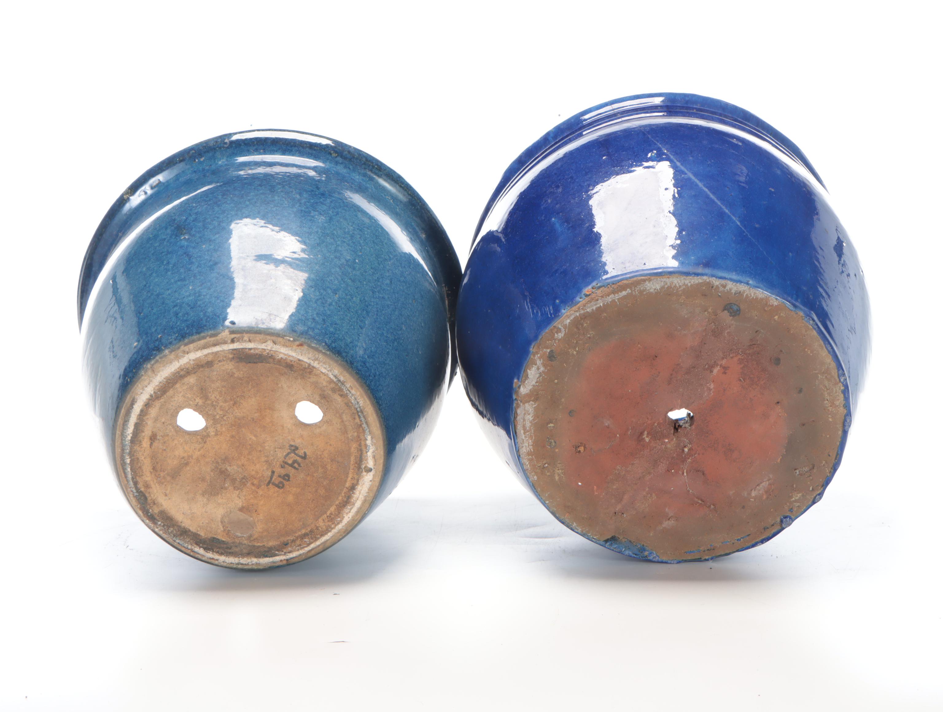 Contemporary Blue Glazed Ceramic Outdoor Planters