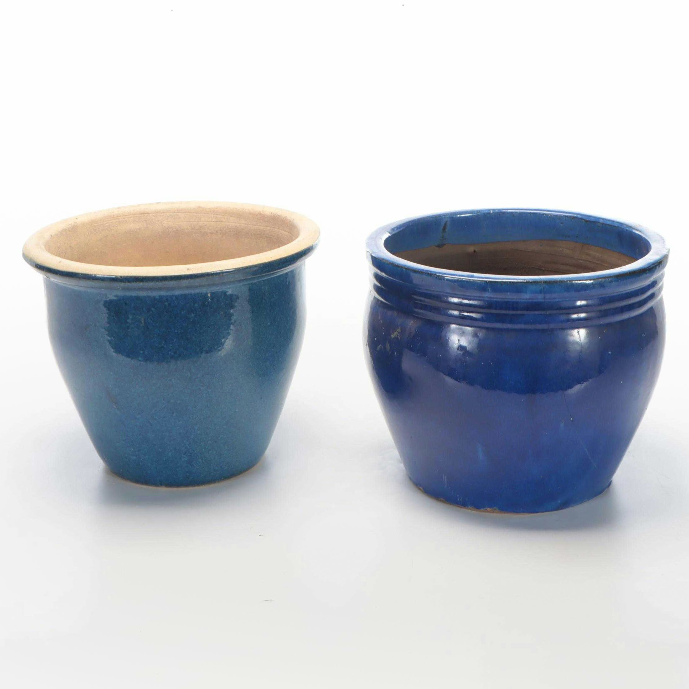Contemporary Blue Glazed Ceramic Outdoor Planters