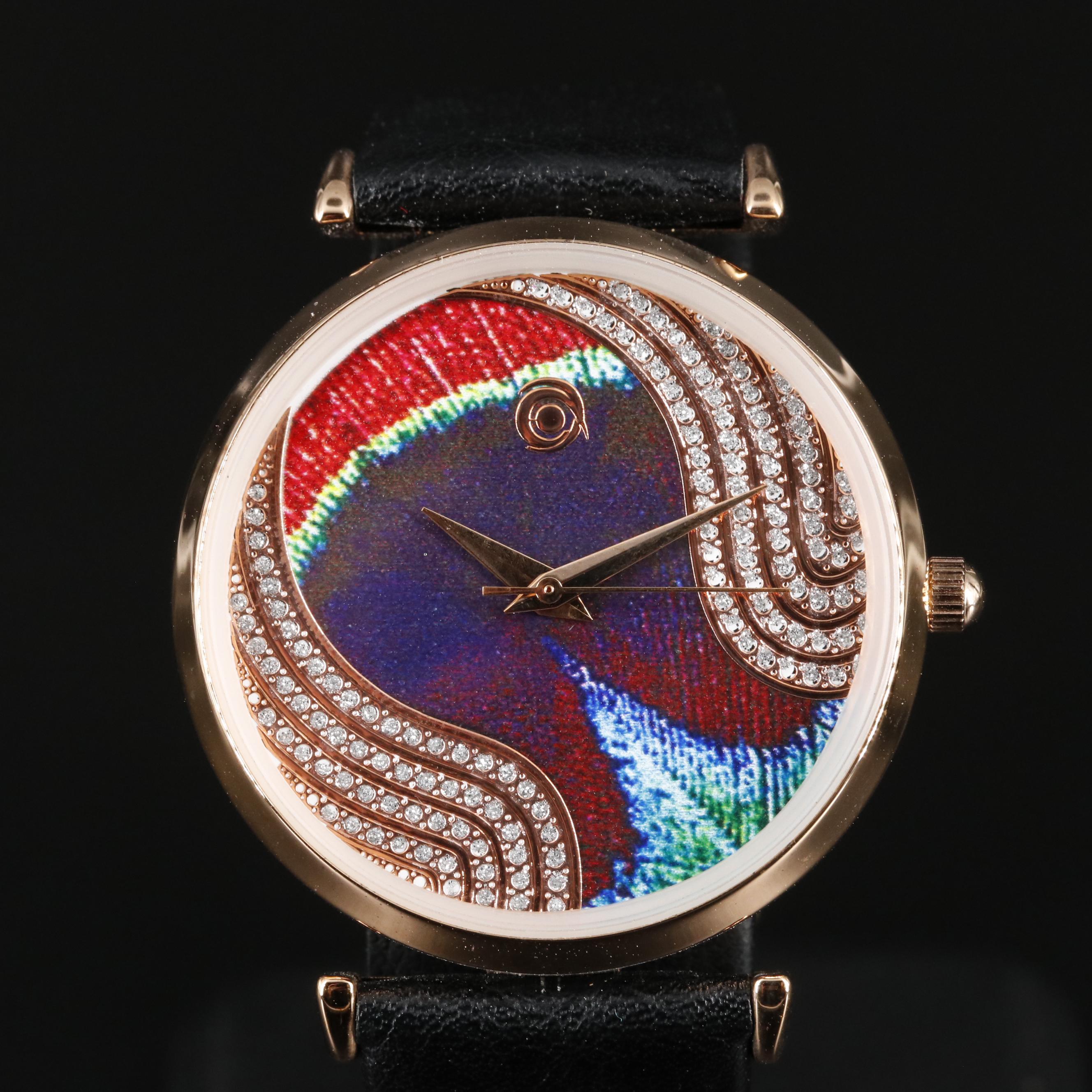 Magnicor Feather Motif Watch with Swarovski Crystal Accents and Black Strap