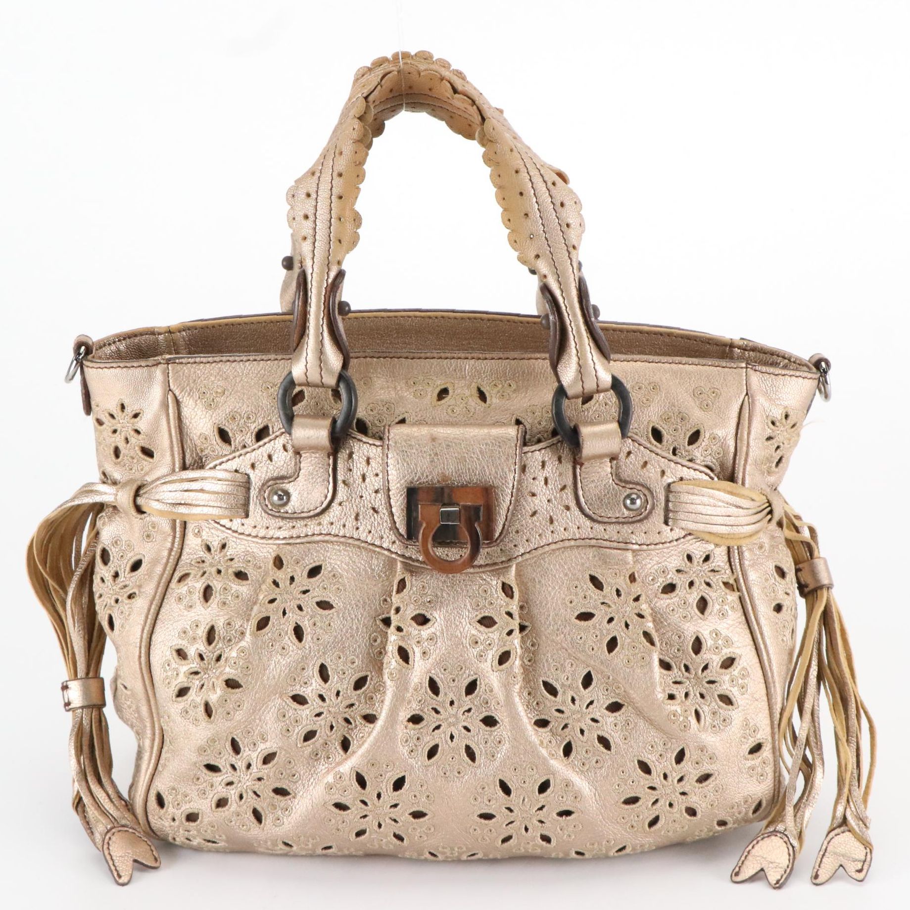 Salvatore Ferragamo Handbag in Eyelet Perforated Metallic Leather