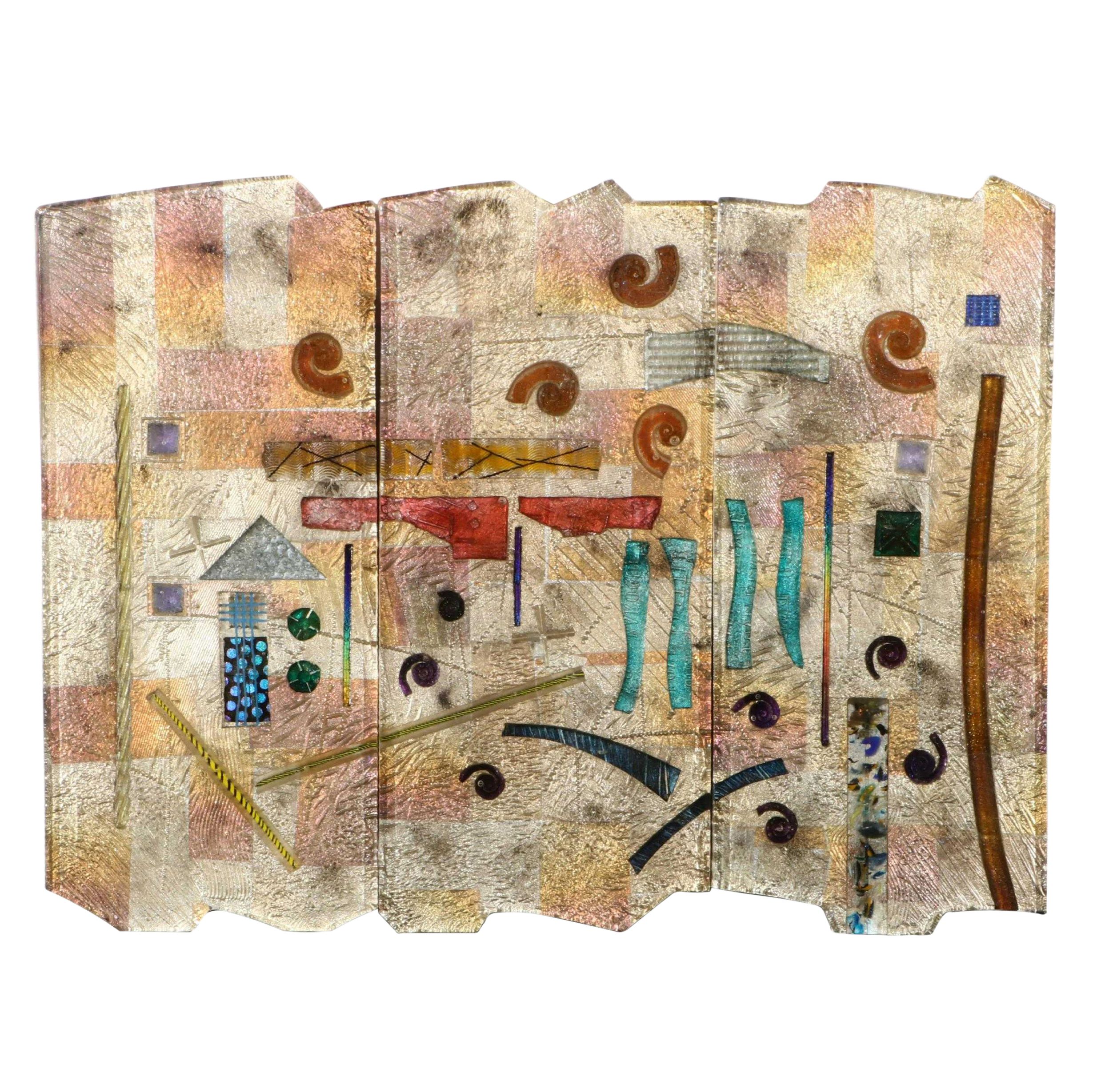 Fused Dichroic Art Glass Triptych Wall Sculpture