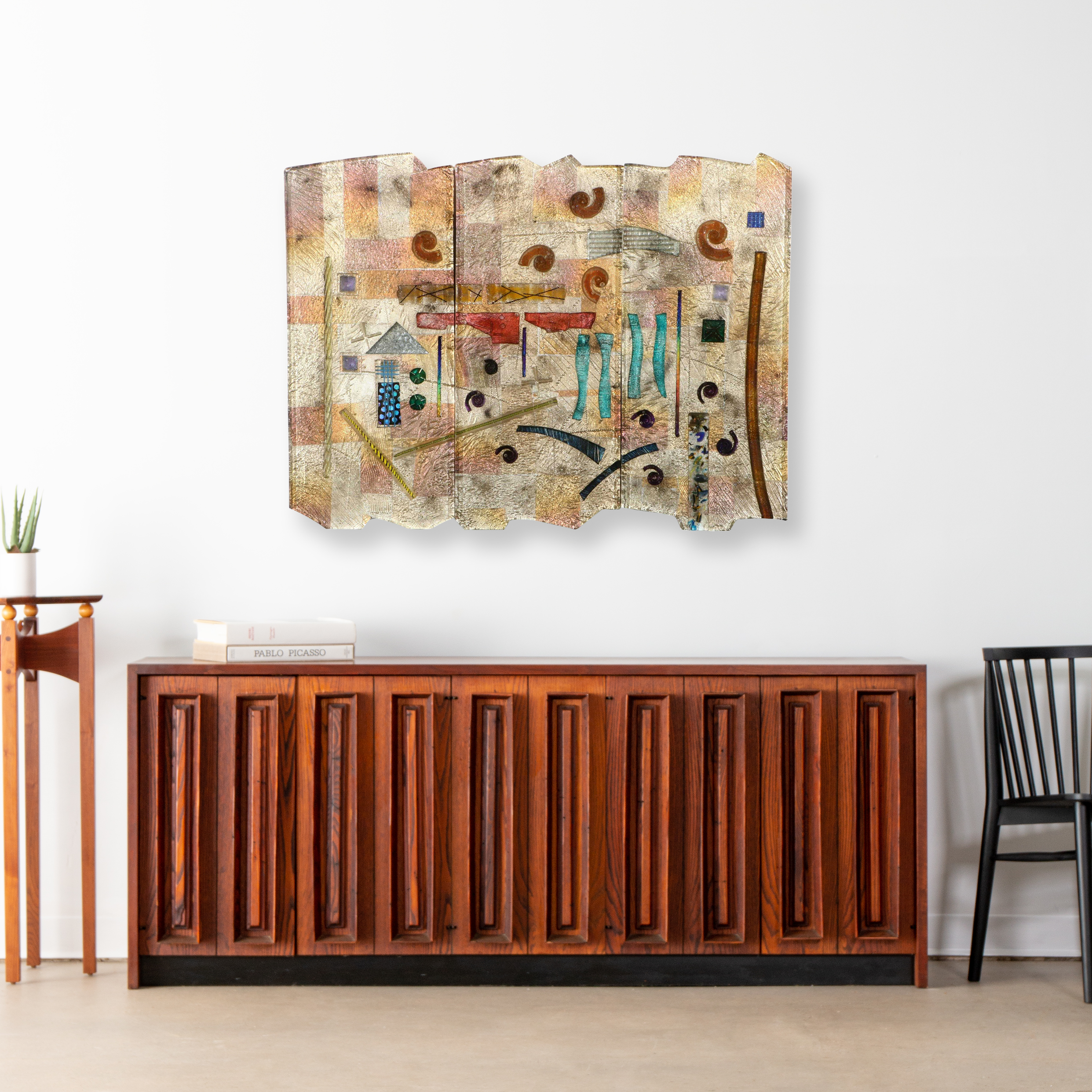 Fused Dichroic Art Glass Triptych Wall Sculpture