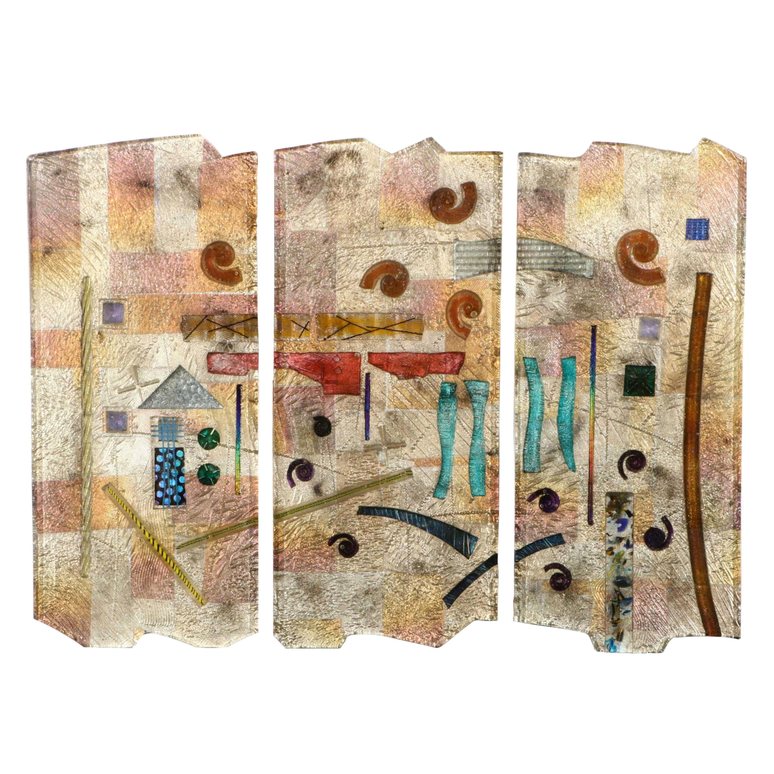 Fused Dichroic Art Glass Triptych Wall Sculpture