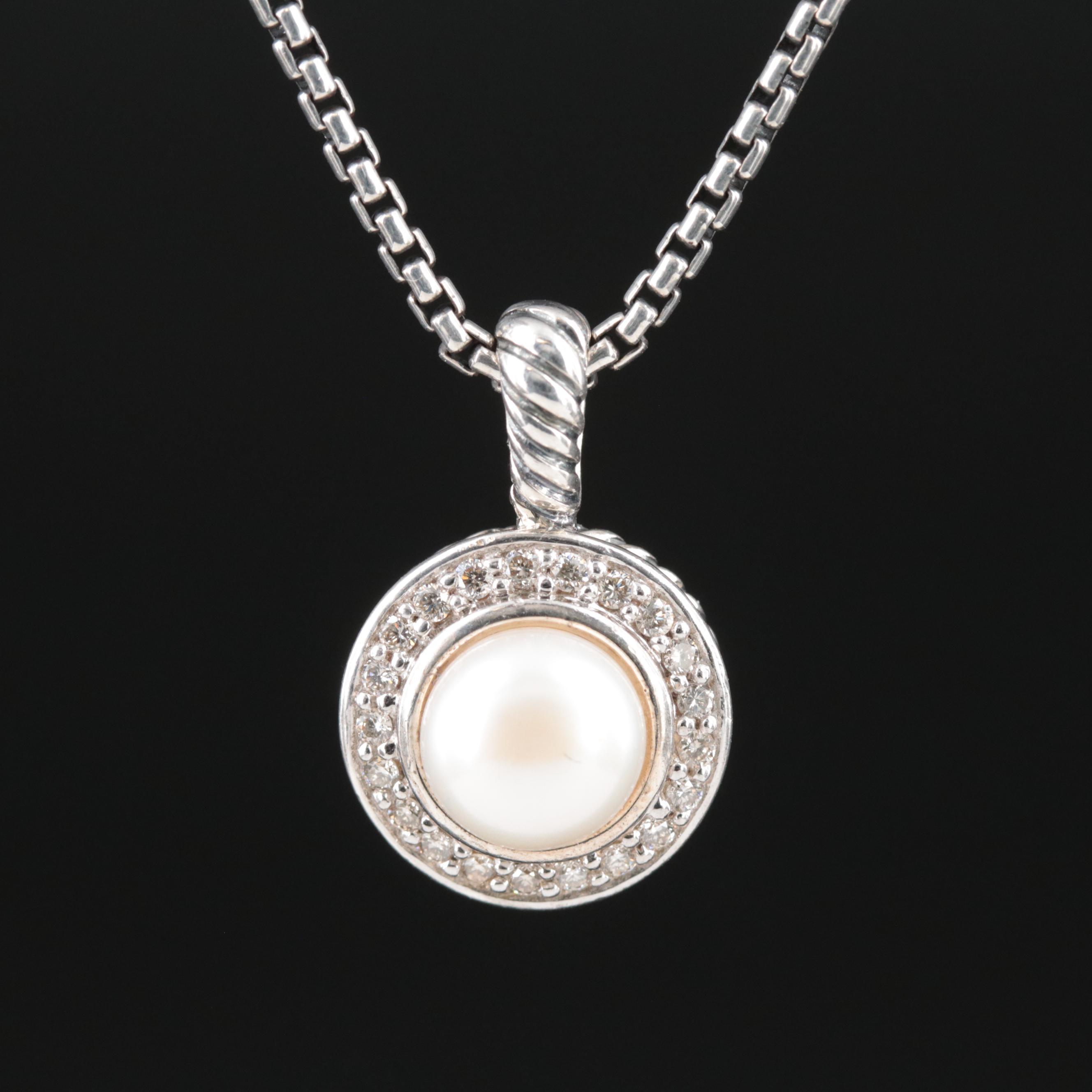 David Yurman "Cerise" Sterling Pearl and Diamond Pendant Necklace