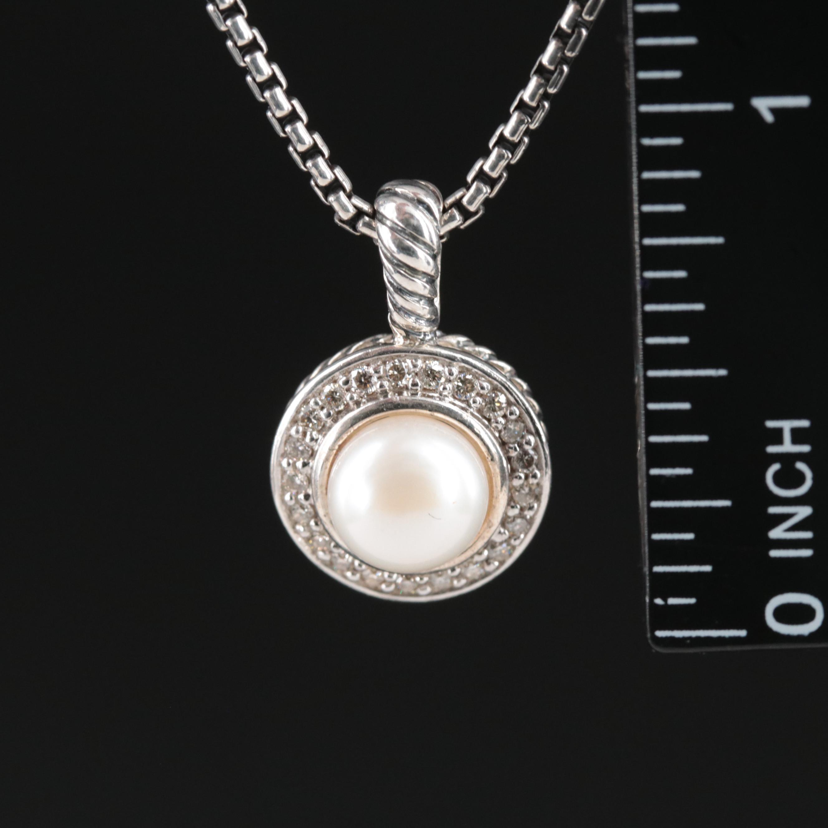 David Yurman "Cerise" Sterling Pearl and Diamond Pendant Necklace