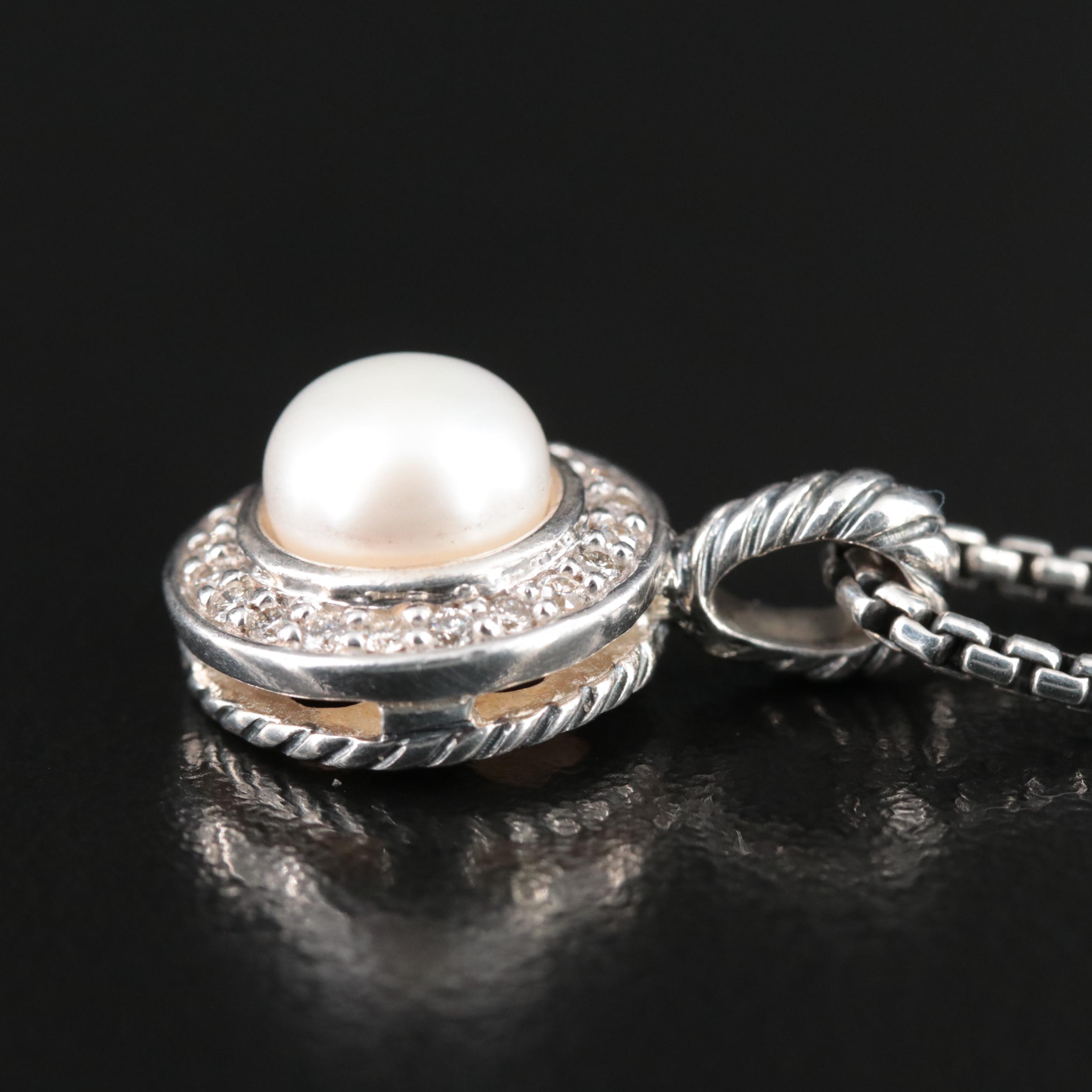 David Yurman "Cerise" Sterling Pearl and Diamond Pendant Necklace