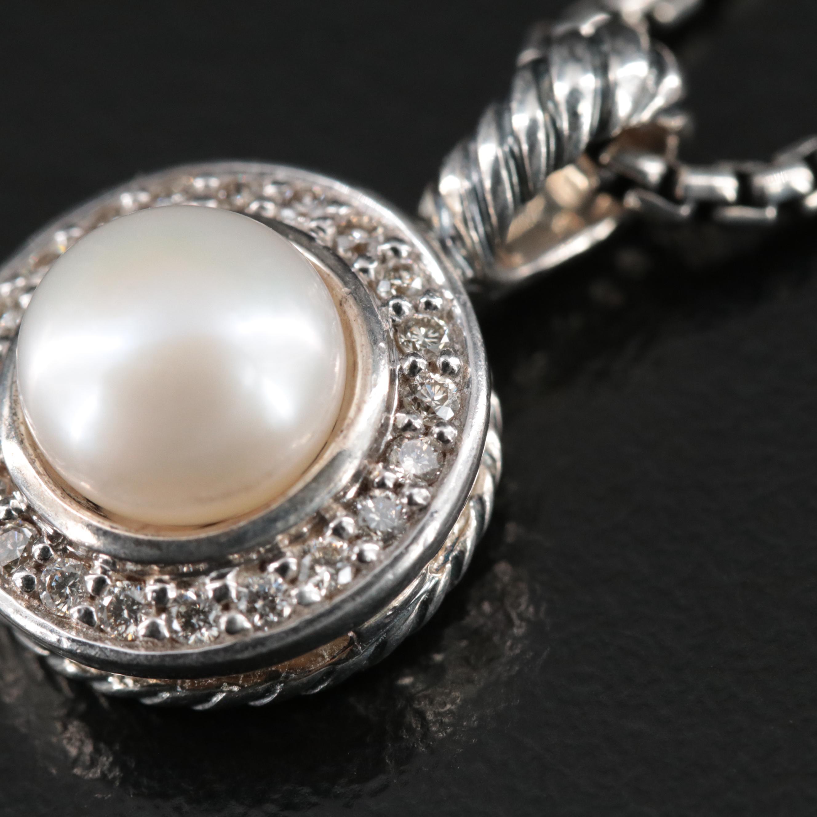 David Yurman "Cerise" Sterling Pearl and Diamond Pendant Necklace