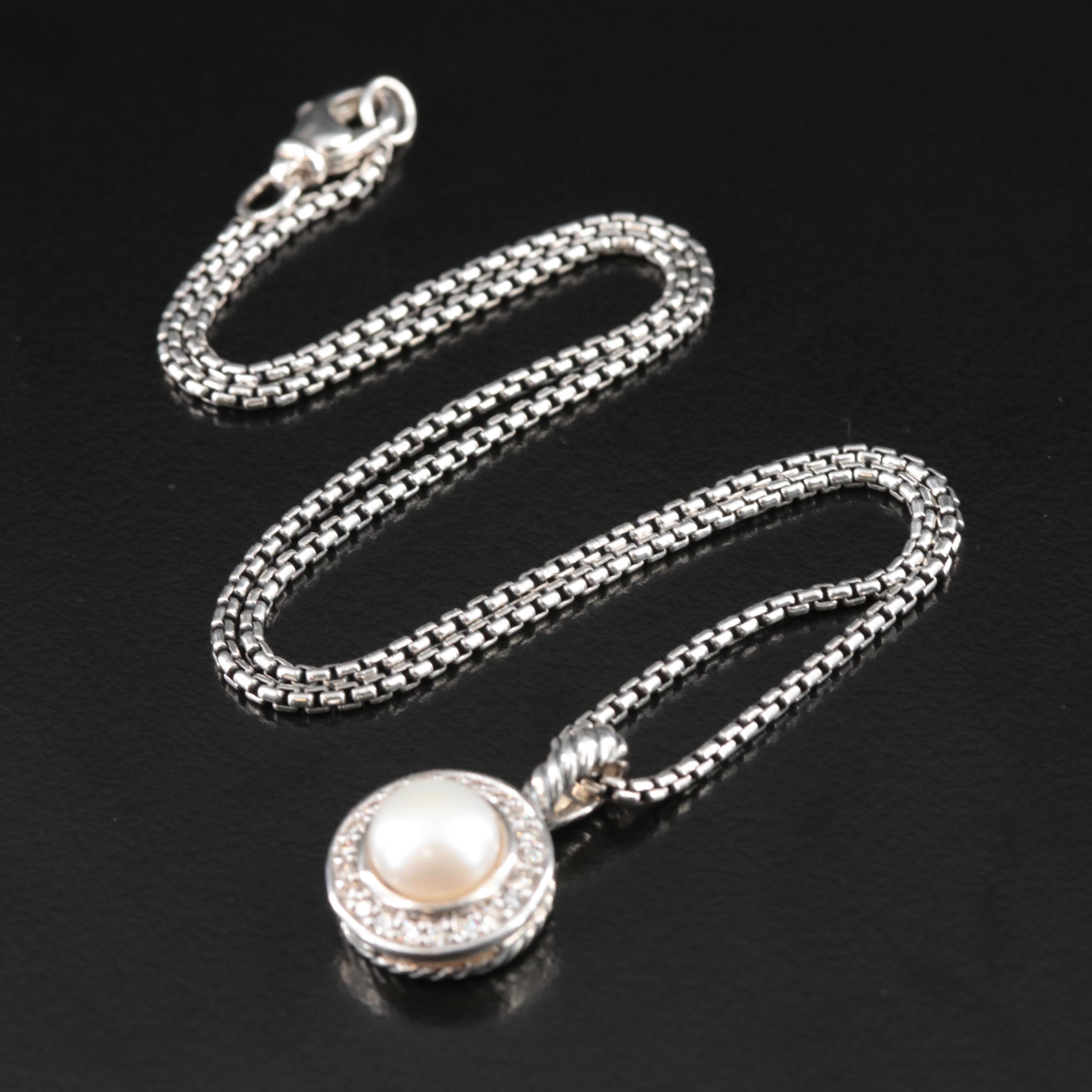 David Yurman "Cerise" Sterling Pearl and Diamond Pendant Necklace